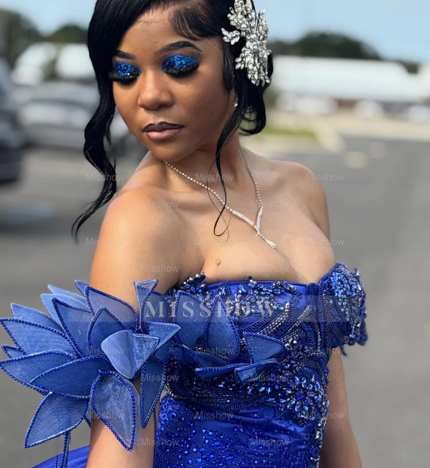 Princess Off-the-shoulder Long Ball Gown Royal Blue Satin Beaded Prom Dress