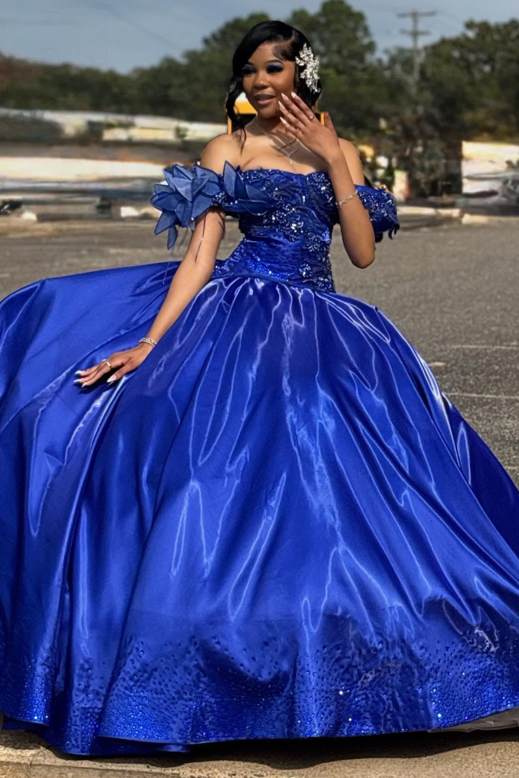 Princess Off-the-shoulder Long Ball Gown Royal Blue Satin Beaded Prom Dress