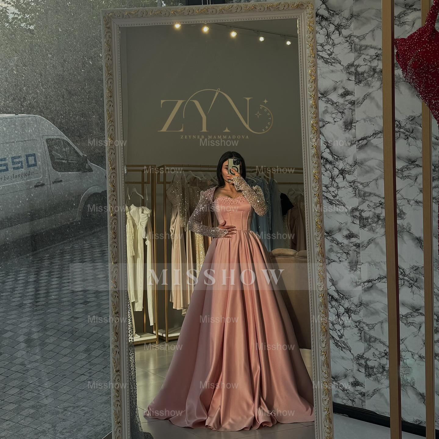 Princess Pink Sweetheart Long-Sleeve A-Line Formal Dress with Rhinestones