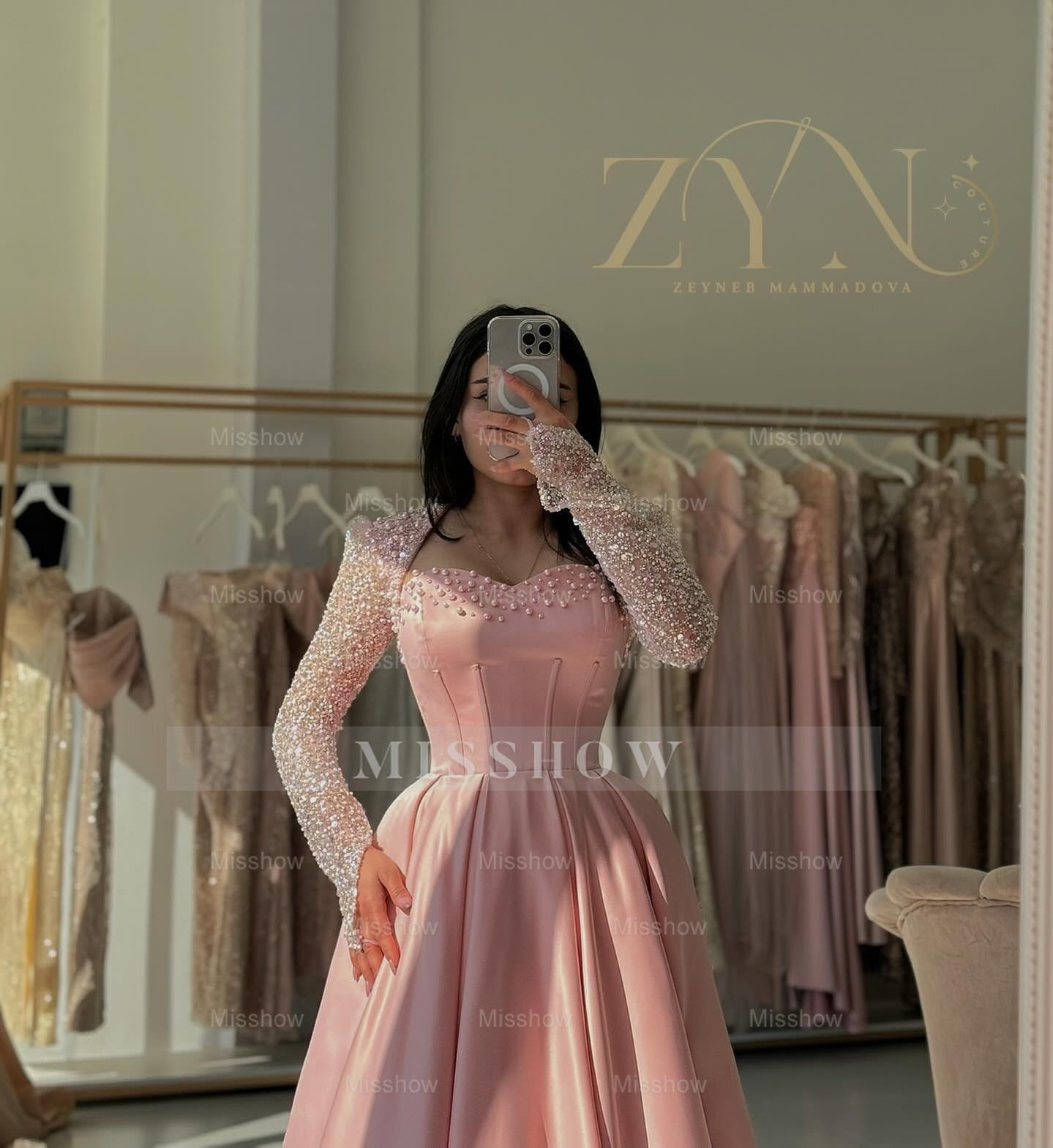Princess Pink Sweetheart Long-Sleeve A-Line Formal Dress with Rhinestones