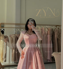 Princess Pink Sweetheart Long-Sleeve A-Line Formal Dress with Rhinestones