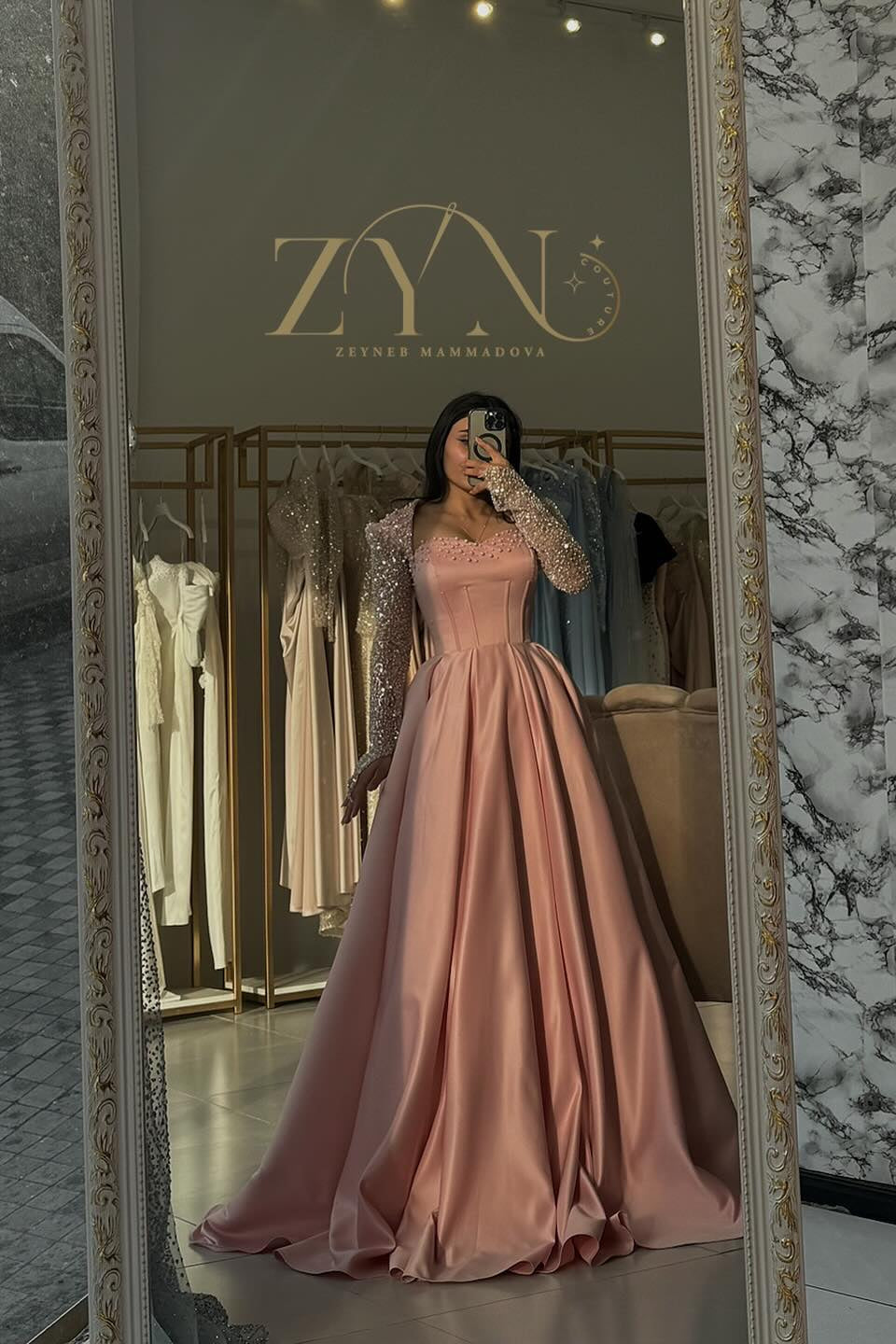 Princess Pink Sweetheart Long-Sleeve A-Line Formal Dress with Rhinestones