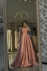 Princess Pink Sweetheart Long-Sleeve A-Line Formal Dress with Rhinestones