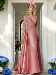 Princess V-Neck A-Line Floor-Length Mother of the Bride Dress with 3/4 Sleeves Pleats & Ruching