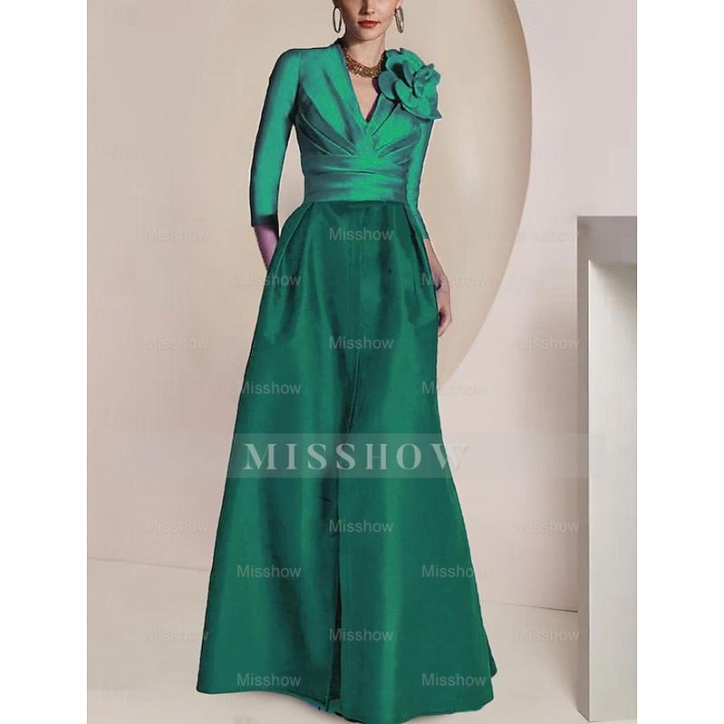 Princess V-Neck Floor-Length Mother of the Bride Dress with 3/4 Sleeves Ruched Detailing Draping and a Split Front