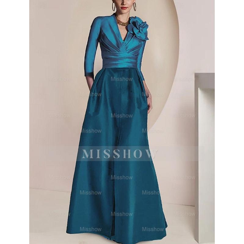 Princess V-Neck Floor-Length Mother of the Bride Dress with 3/4 Sleeves Ruched Detailing Draping and a Split Front