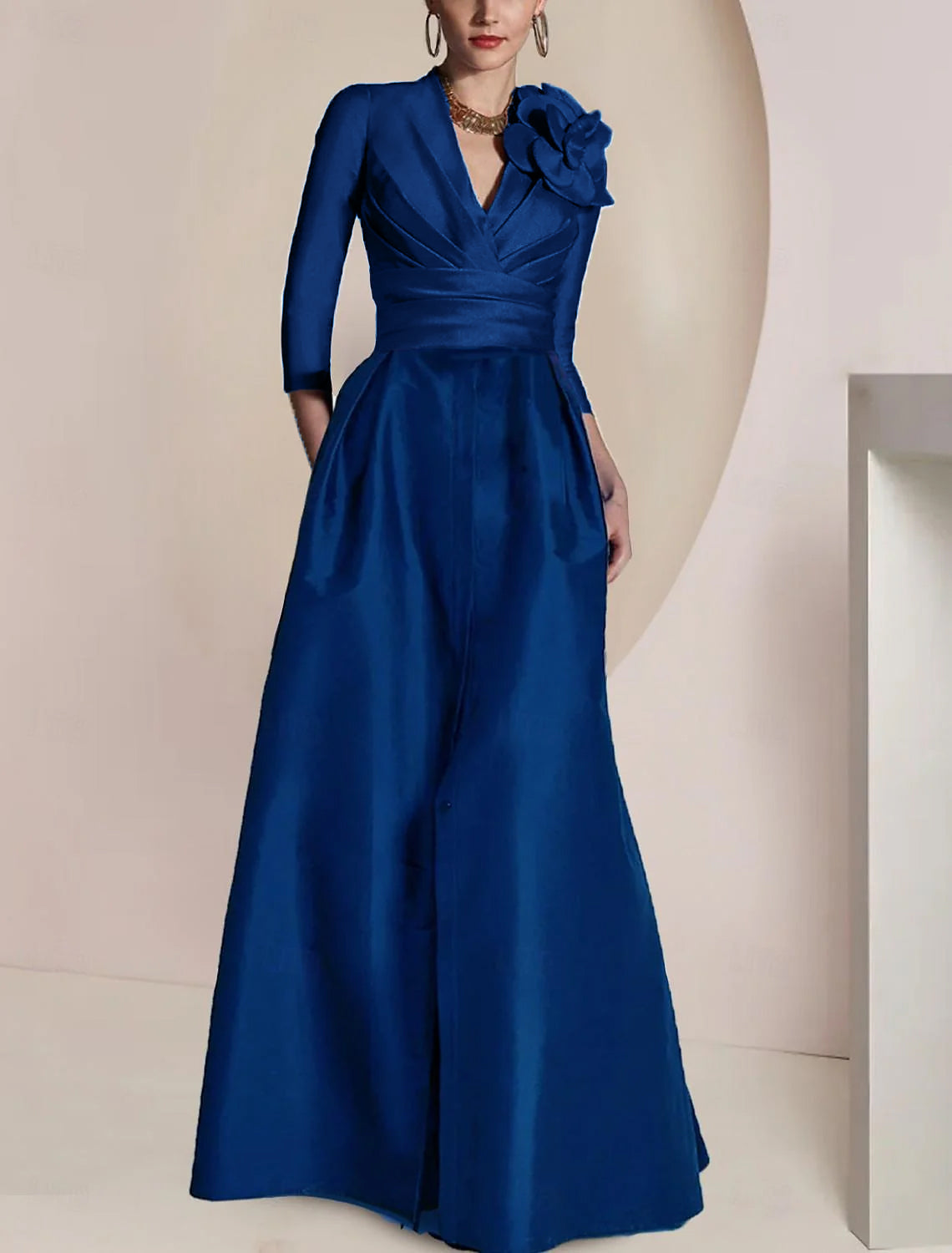 Princess V-Neck Floor-Length Mother of the Bride Dress with 3/4 Sleeves Ruched Detailing Draping and a Split Front