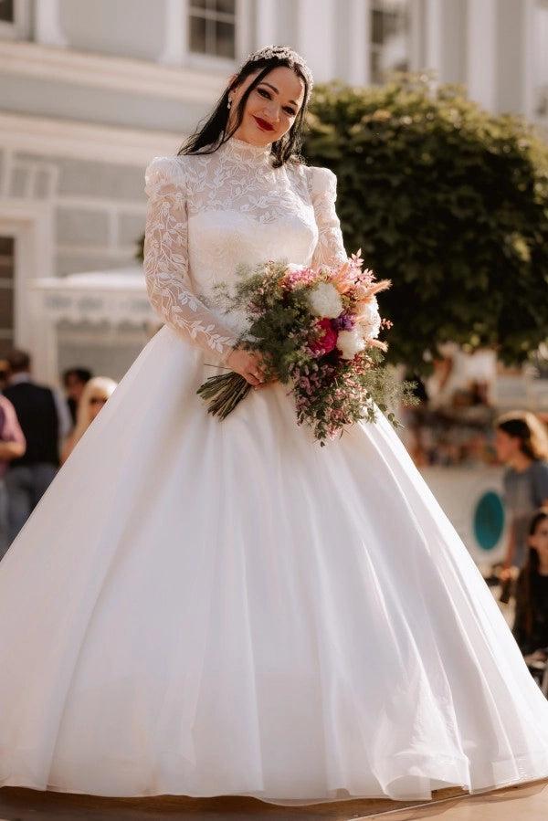 Princess White High Neck Long Sleeves Ball Gown Wedding Dress with Appliques