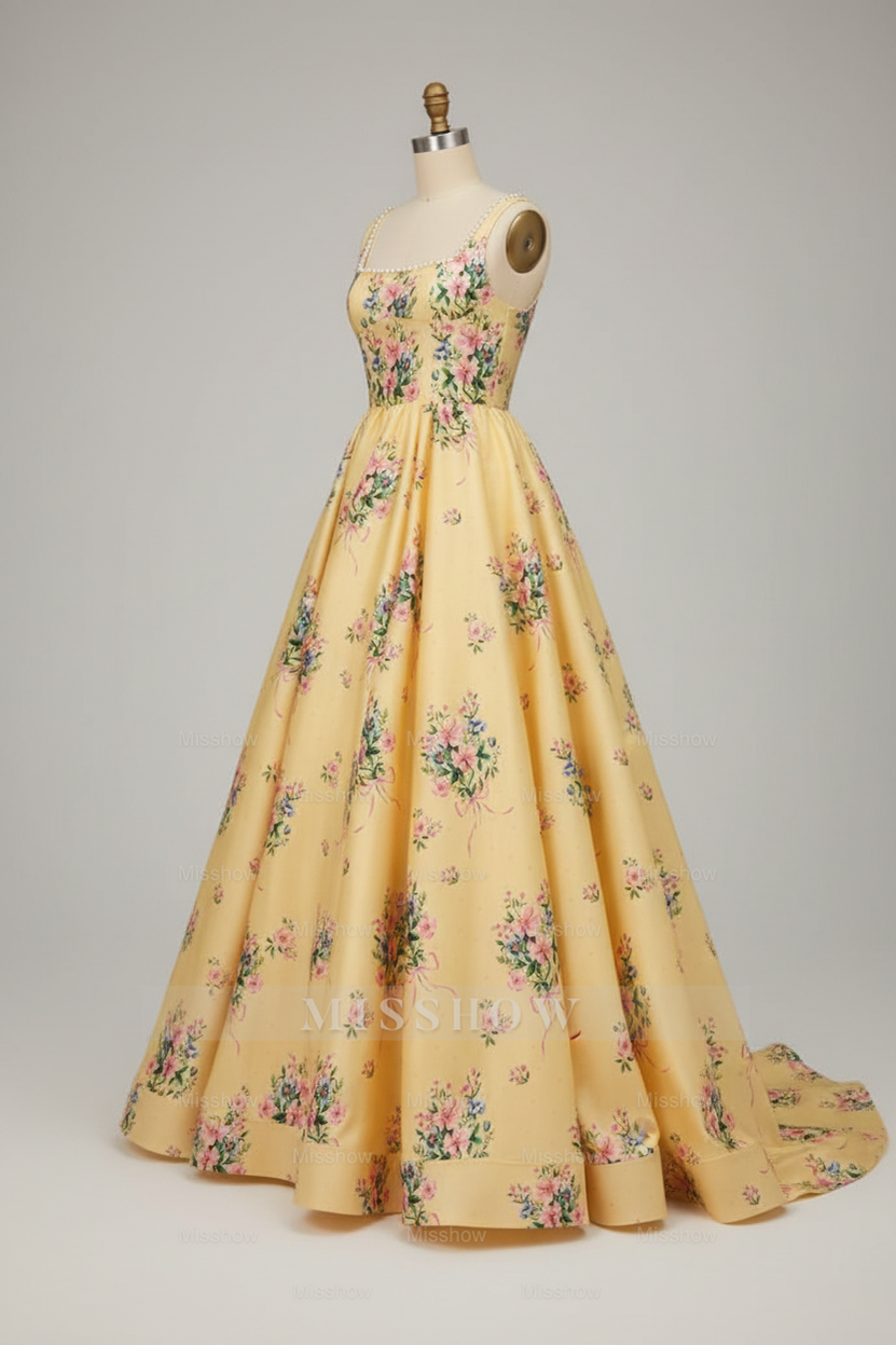 Princess Yellow Floral Embroidered A-Line Ball Gown Prom Dress with Pearl Neckline and Open Back