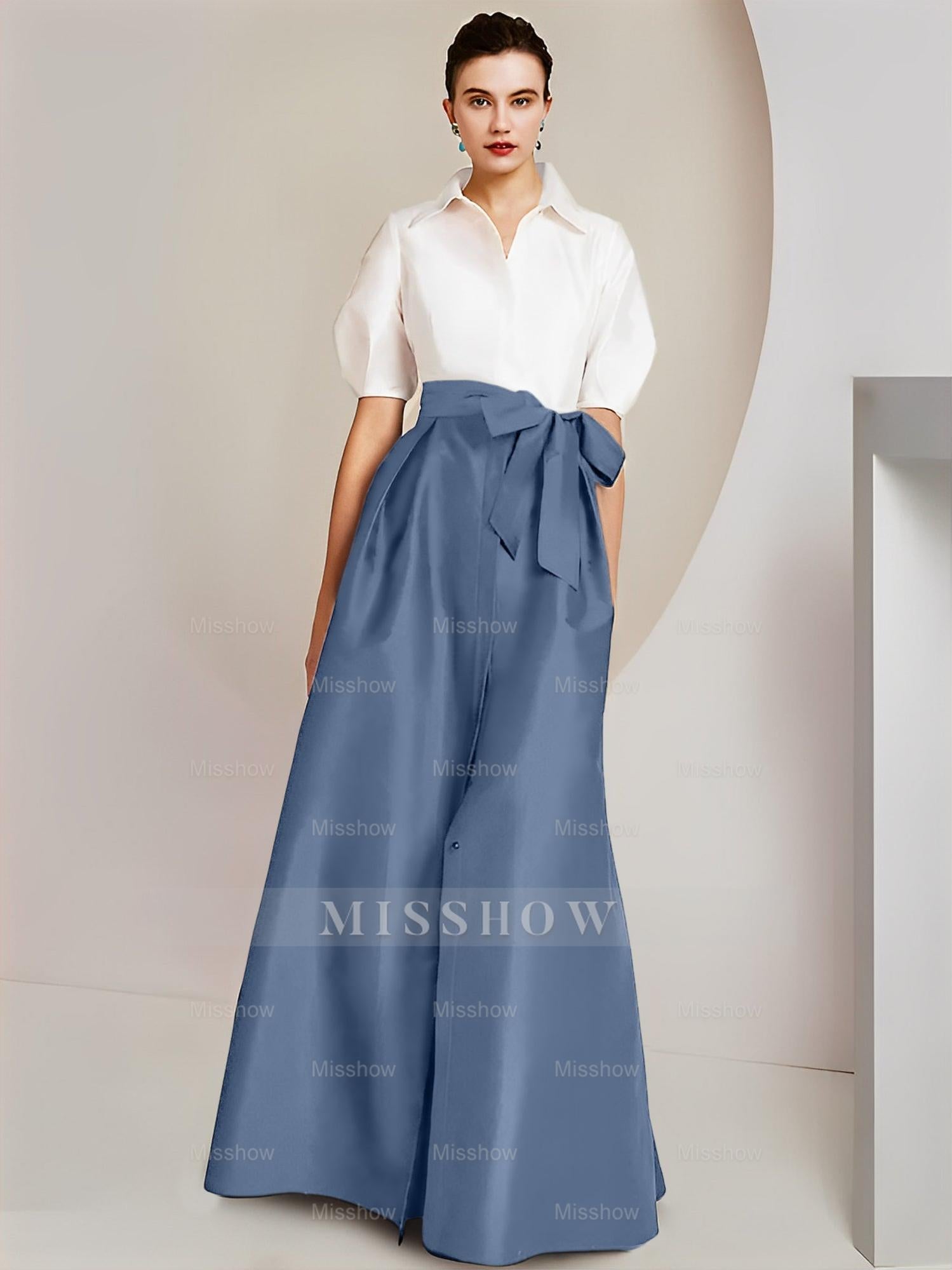 Princess/A-Line Floor-Length 2-Piece Mother of the Bride Dresses with Bowknot and Shirt Collar Short Sleeves