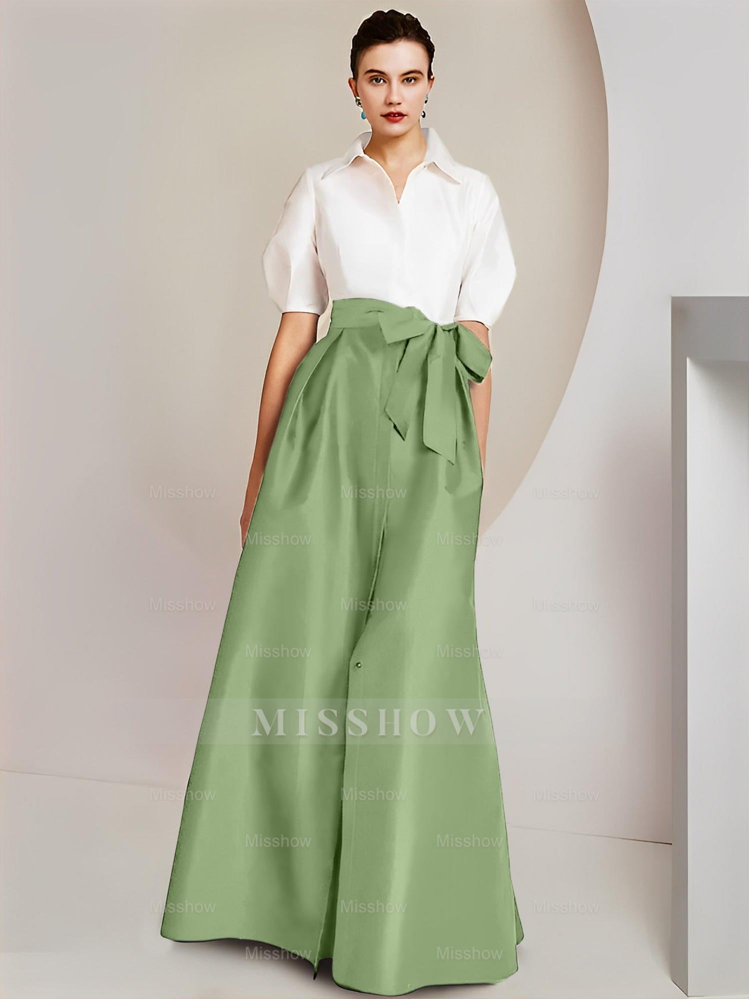 Princess/A-Line Floor-Length 2-Piece Mother of the Bride Dresses with Bowknot and Shirt Collar Short Sleeves