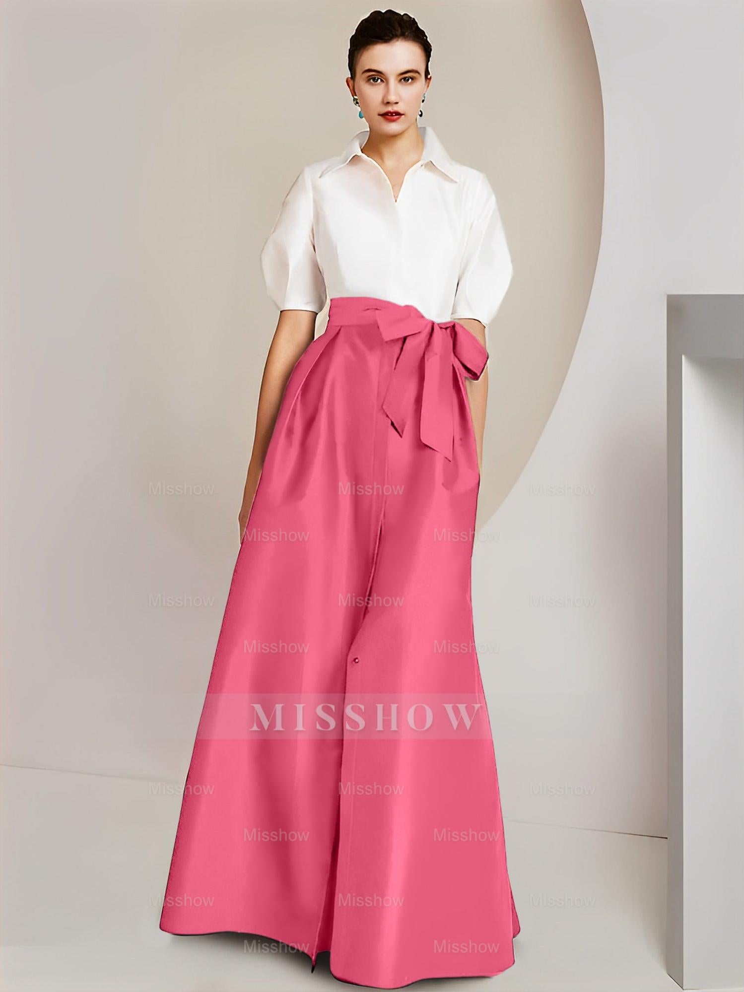 Princess/A-Line Floor-Length 2-Piece Mother of the Bride Dresses with Bowknot and Shirt Collar Short Sleeves