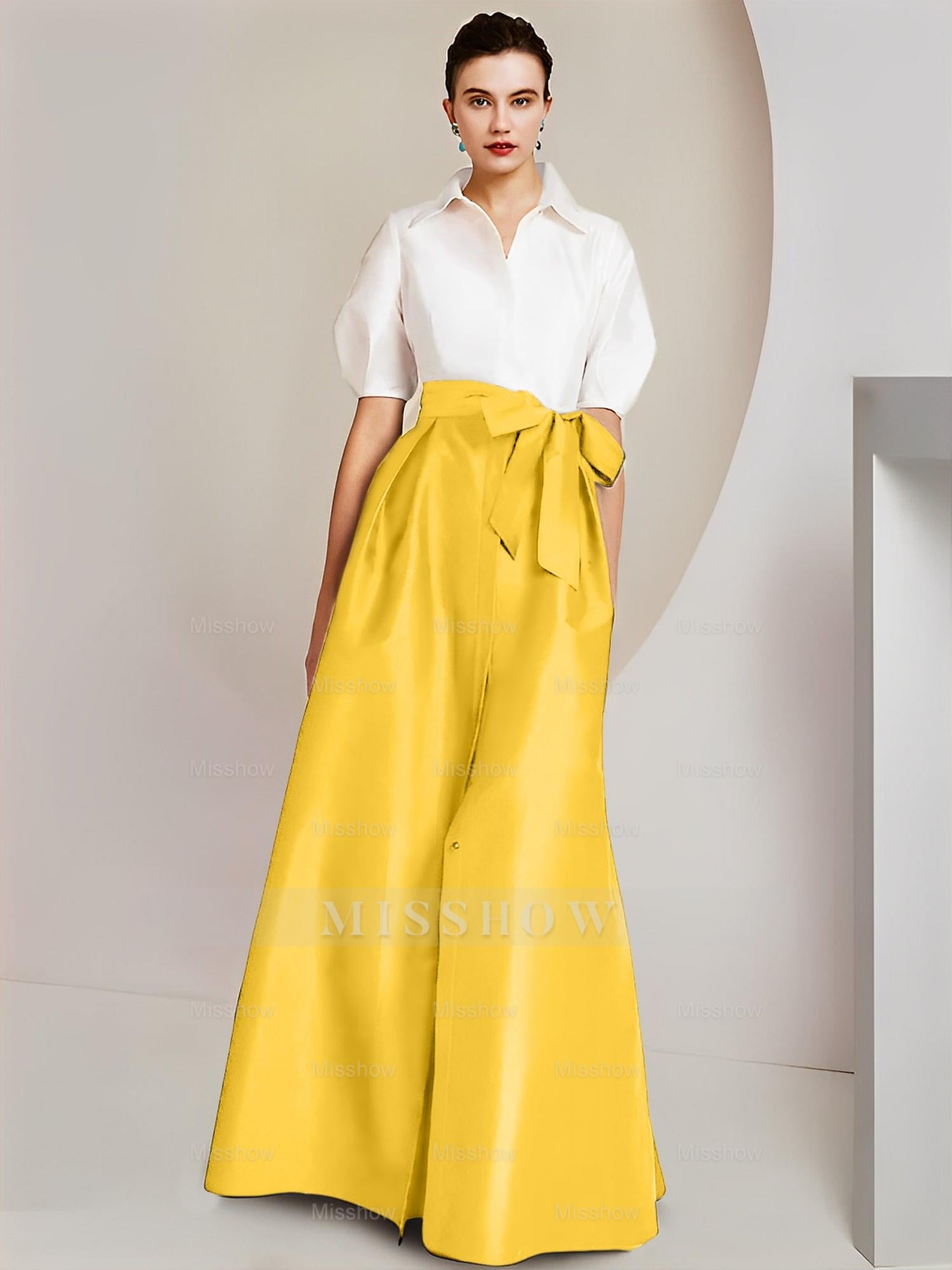 Princess/A-Line Floor-Length 2-Piece Mother of the Bride Dresses with Bowknot and Shirt Collar Short Sleeves