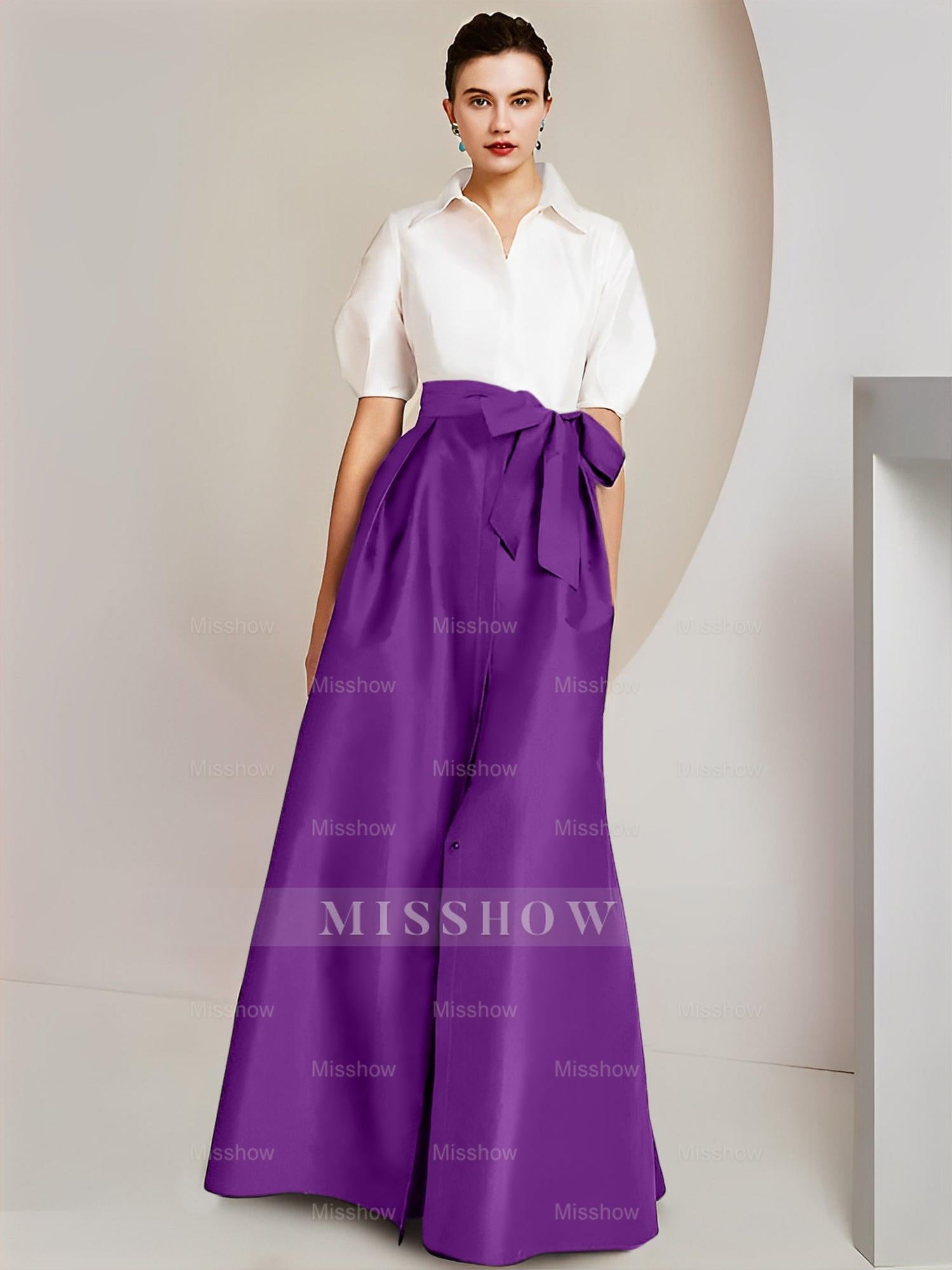 Princess/A-Line Floor-Length 2-Piece Mother of the Bride Dresses with Bowknot and Shirt Collar Short Sleeves