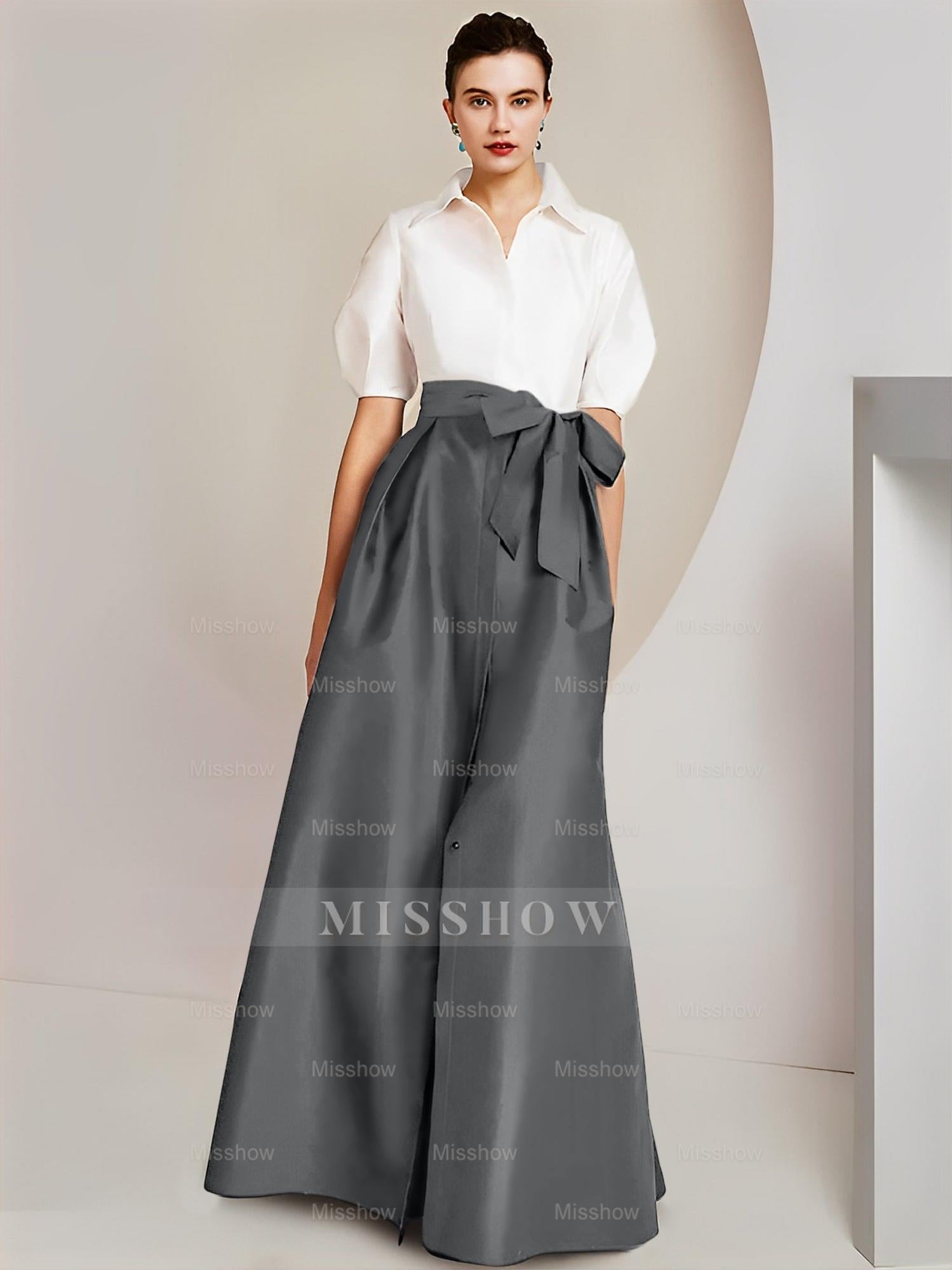 Princess/A-Line Floor-Length 2-Piece Mother of the Bride Dresses with Bowknot and Shirt Collar Short Sleeves