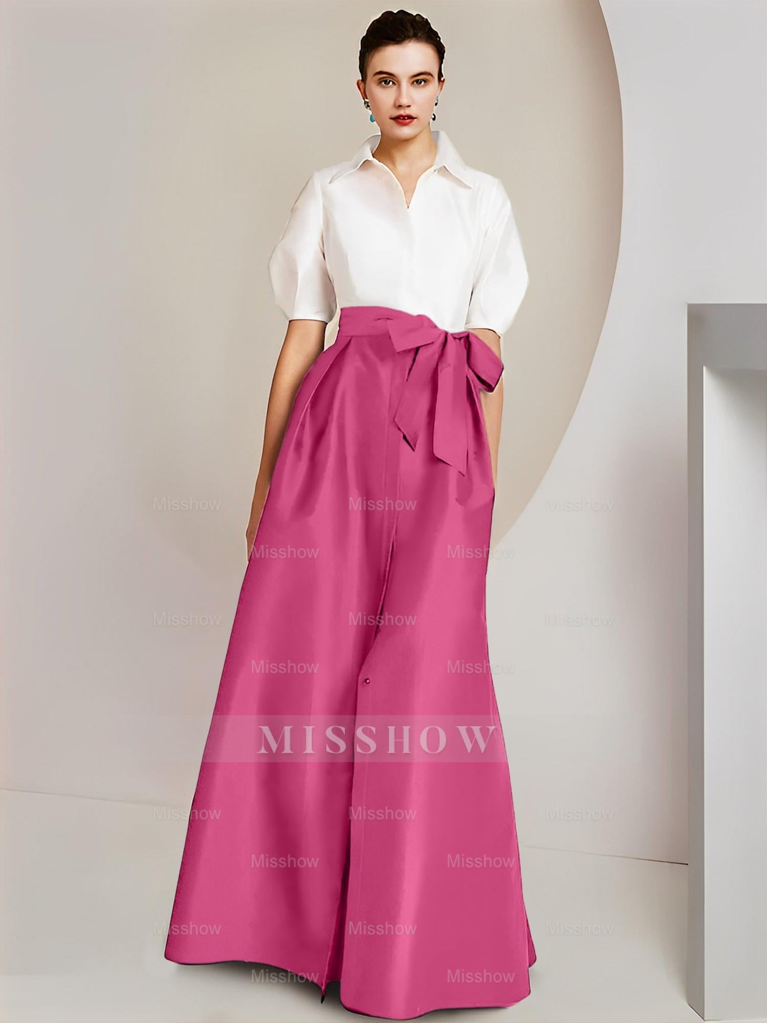 Princess/A-Line Floor-Length 2-Piece Mother of the Bride Dresses with Bowknot and Shirt Collar Short Sleeves