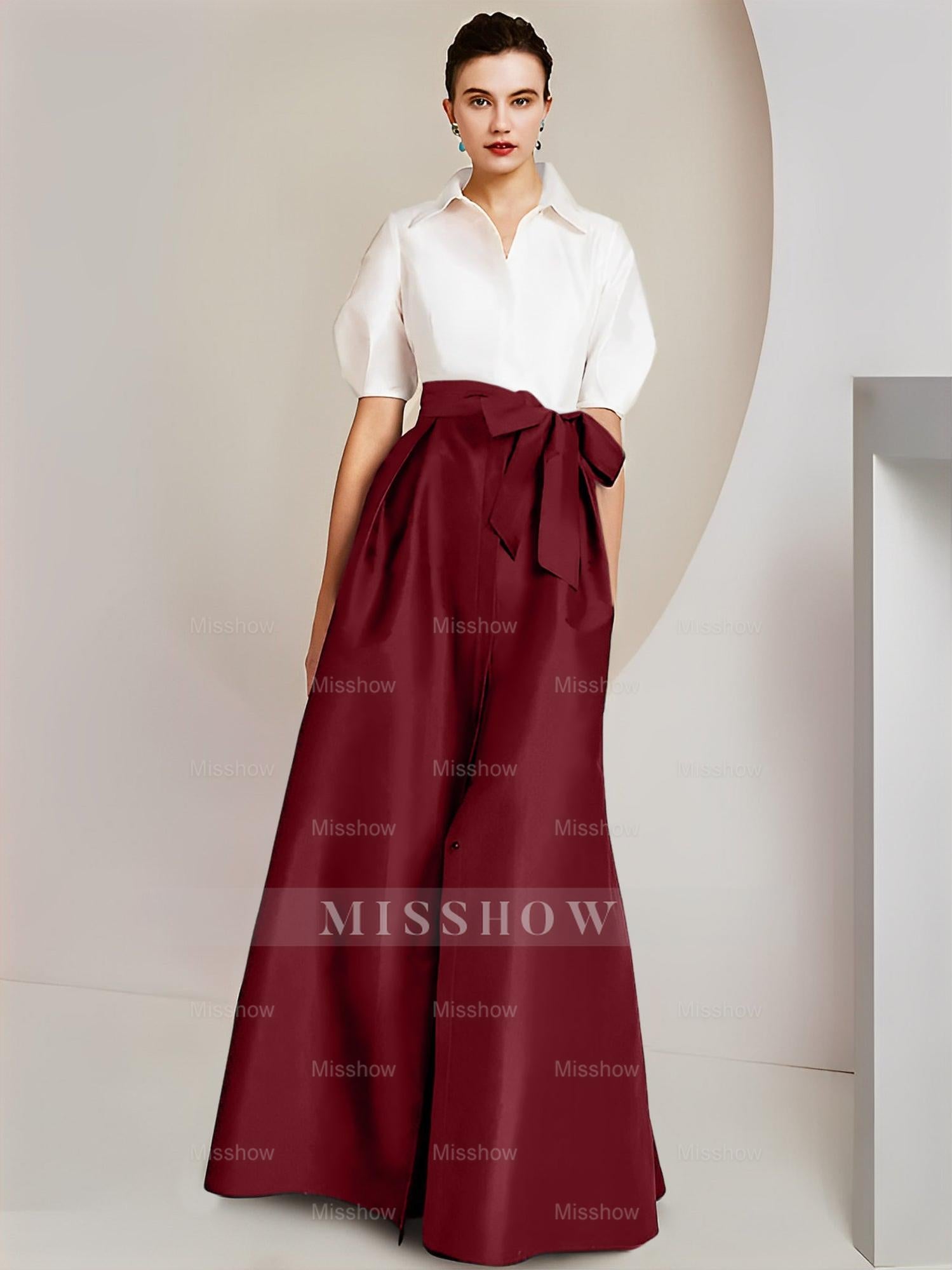 Princess/A-Line Floor-Length 2-Piece Mother of the Bride Dresses with Bowknot and Shirt Collar Short Sleeves