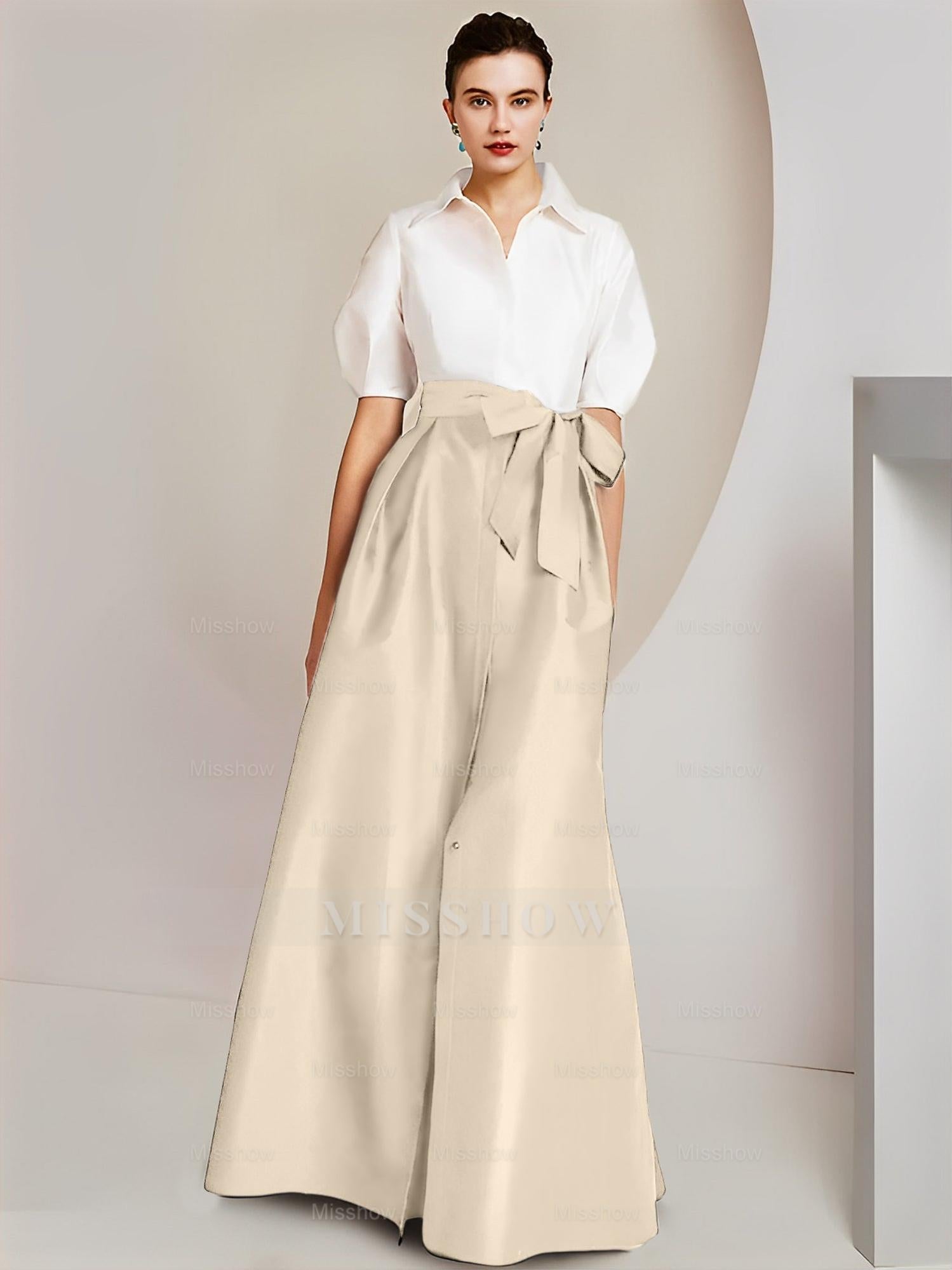 Princess/A-Line Floor-Length 2-Piece Mother of the Bride Dresses with Bowknot and Shirt Collar Short Sleeves
