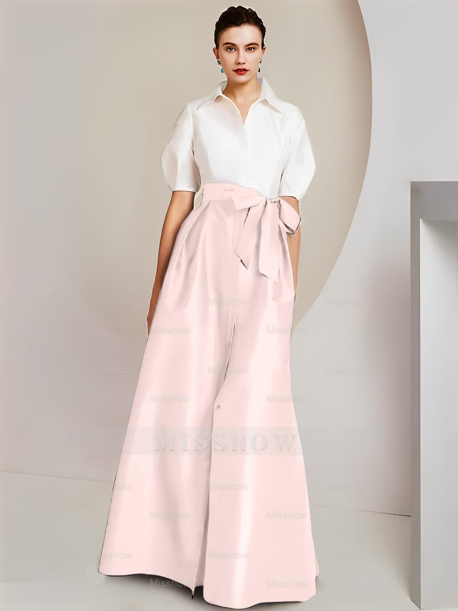 Princess/A-Line Floor-Length 2-Piece Mother of the Bride Dresses with Bowknot and Shirt Collar Short Sleeves