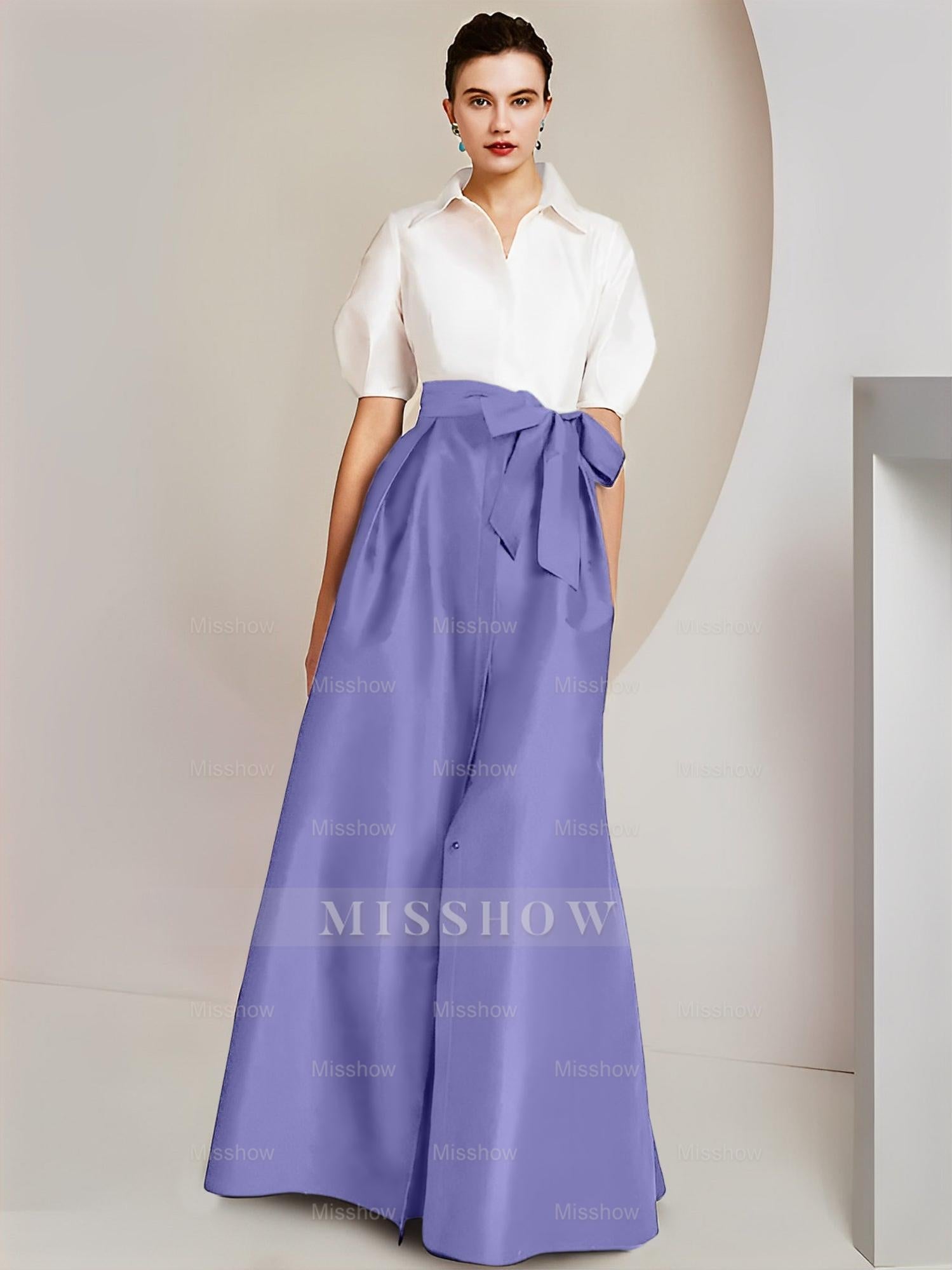 Princess/A-Line Floor-Length 2-Piece Mother of the Bride Dresses with Bowknot and Shirt Collar Short Sleeves