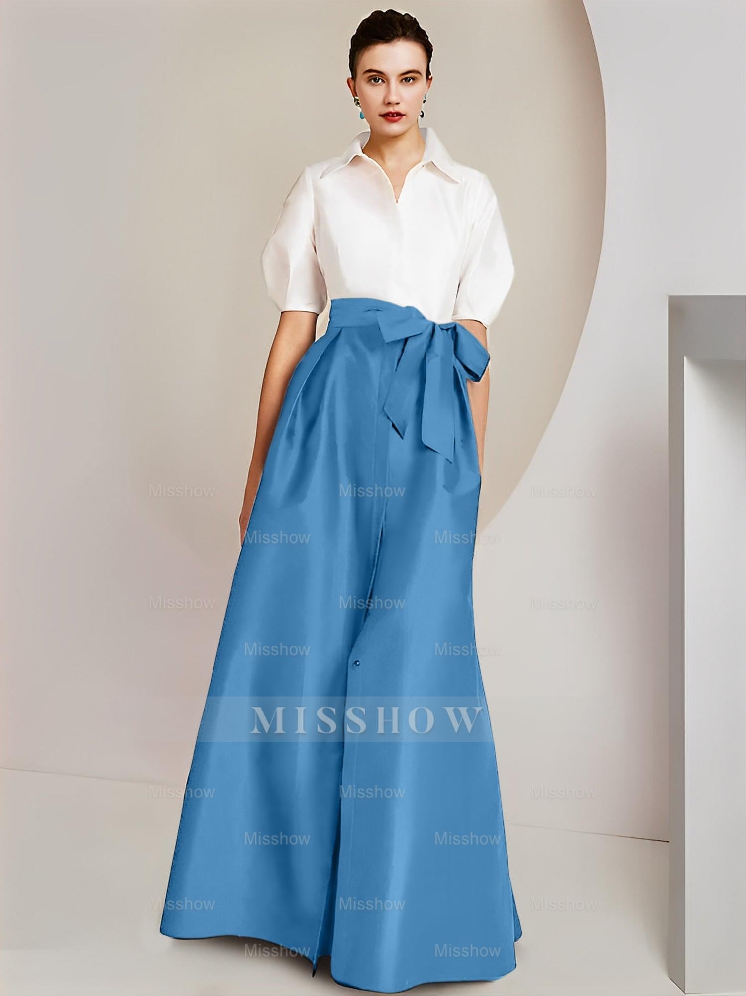 Princess/A-Line Floor-Length 2-Piece Mother of the Bride Dresses with Bowknot and Shirt Collar Short Sleeves