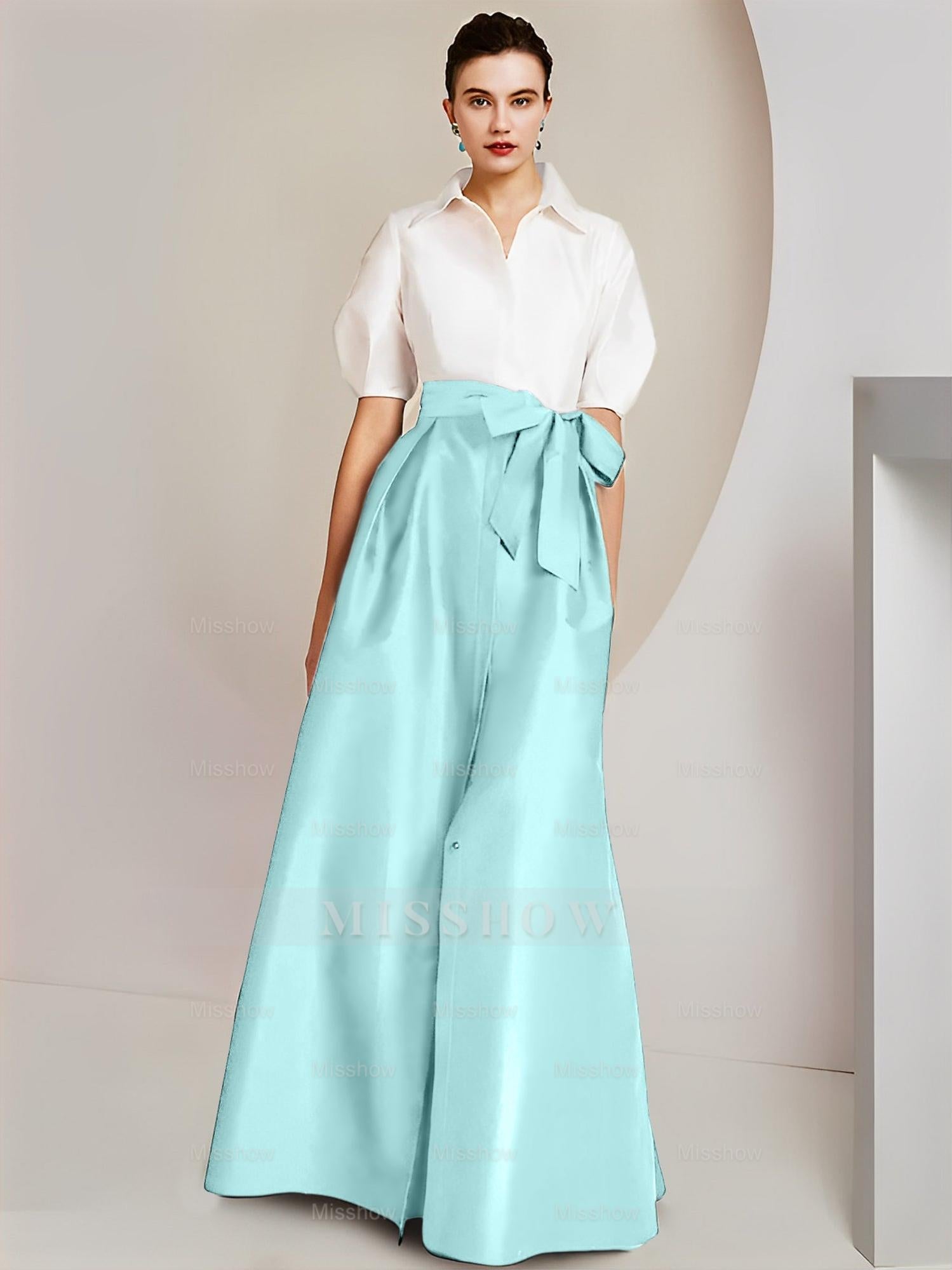 Princess/A-Line Floor-Length 2-Piece Mother of the Bride Dresses with Bowknot and Shirt Collar Short Sleeves