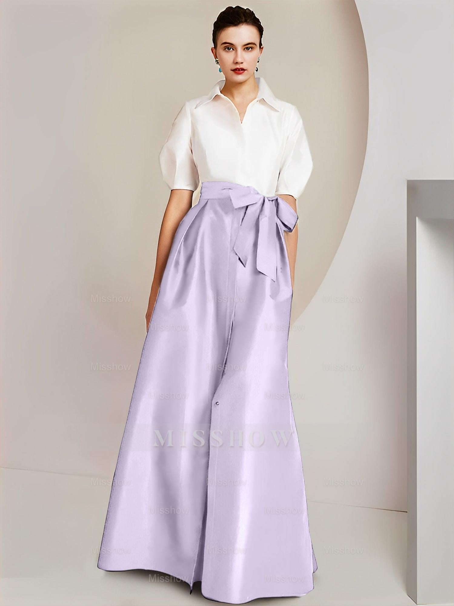 Princess/A-Line Floor-Length 2-Piece Mother of the Bride Dresses with Bowknot and Shirt Collar Short Sleeves