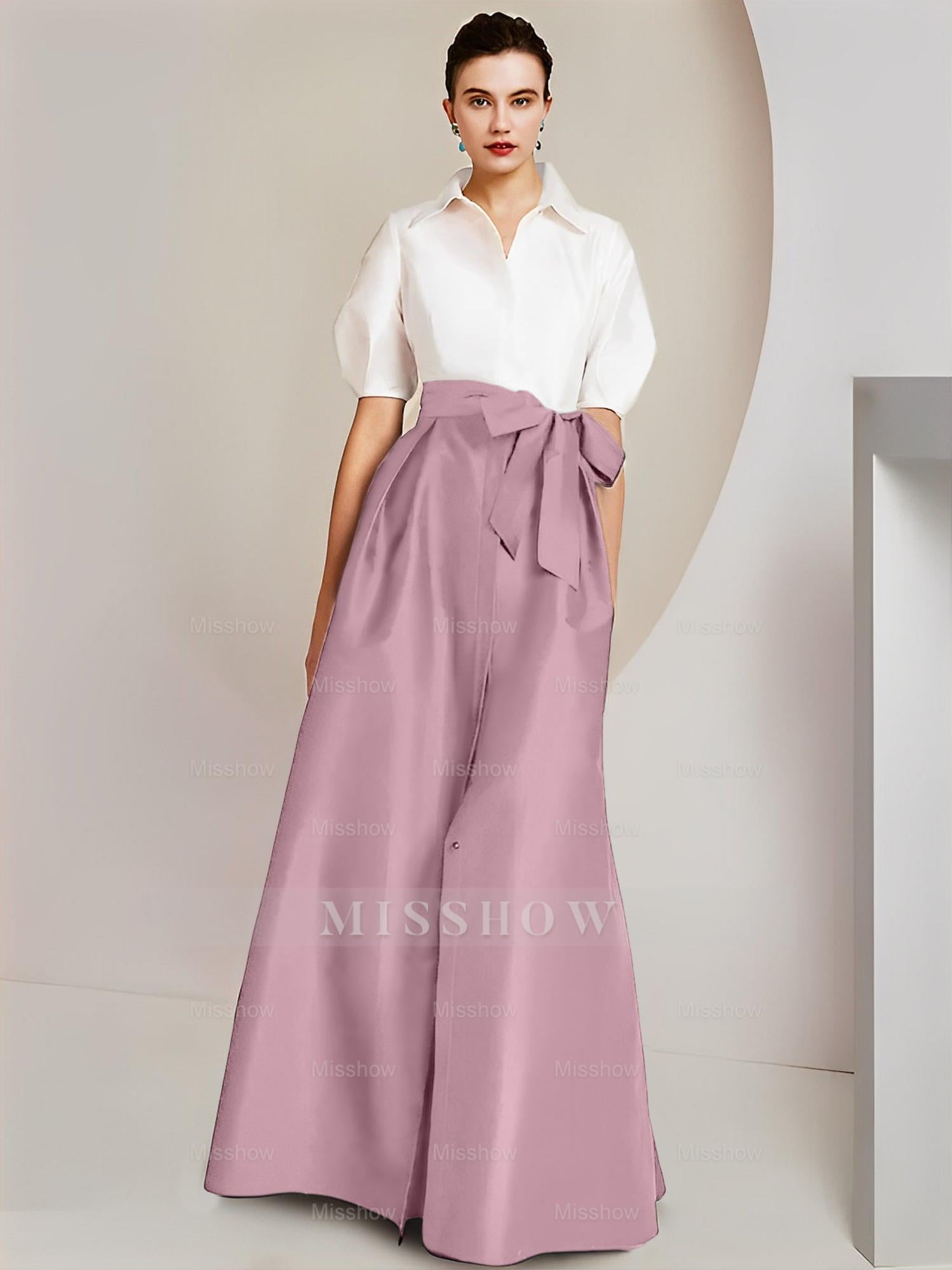 Princess/A-Line Floor-Length 2-Piece Mother of the Bride Dresses with Bowknot and Shirt Collar Short Sleeves
