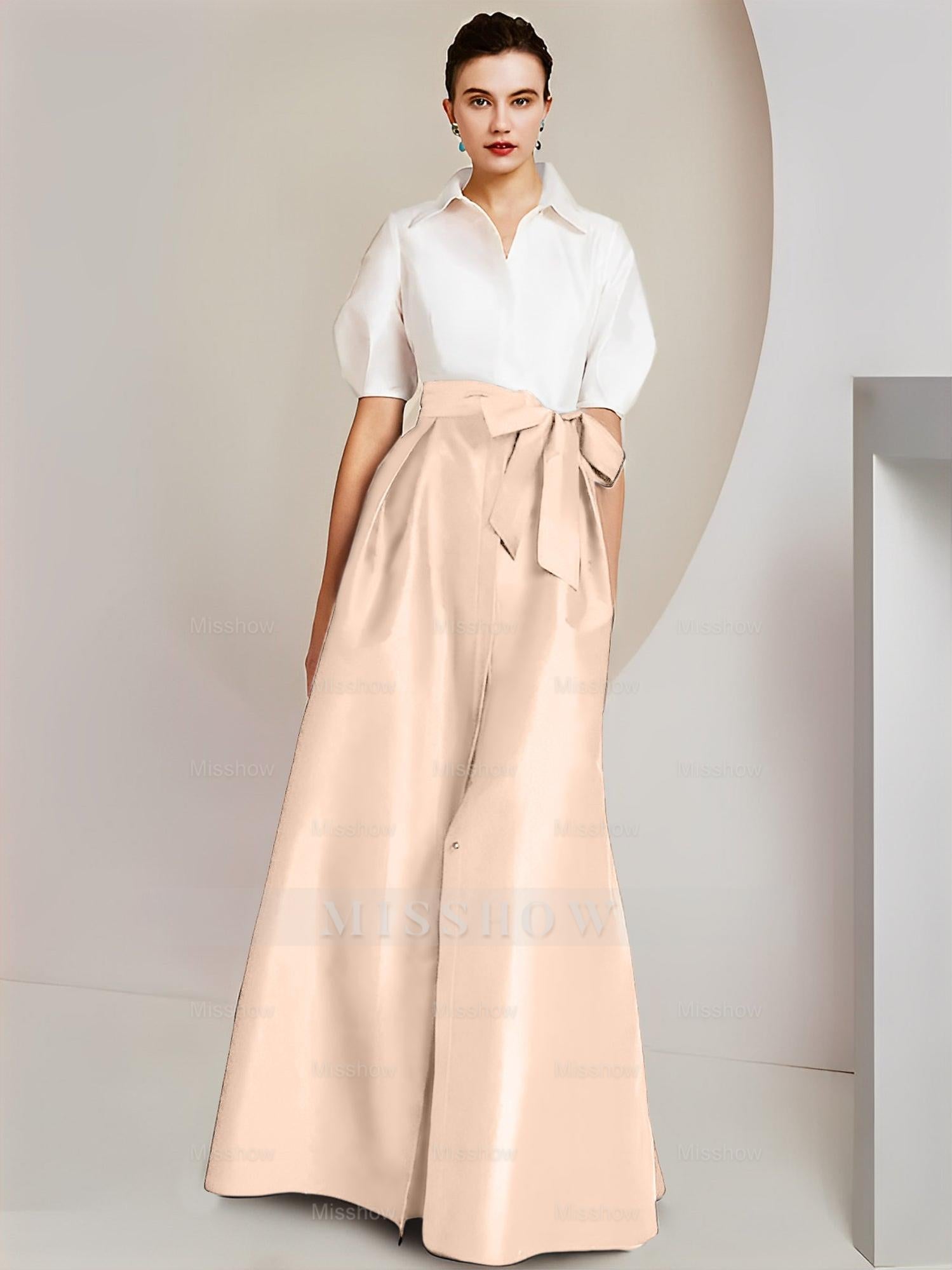 Princess/A-Line Floor-Length 2-Piece Mother of the Bride Dresses with Bowknot and Shirt Collar Short Sleeves