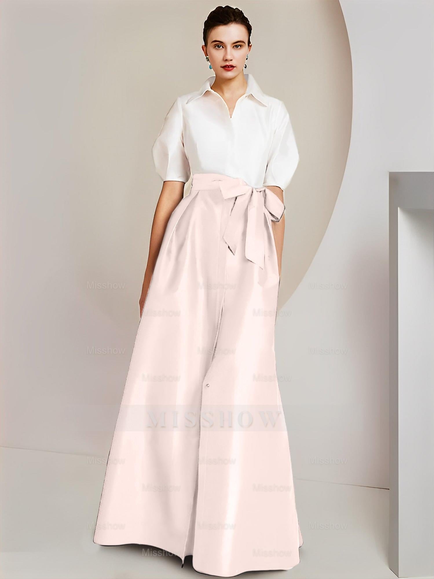 Princess/A-Line Floor-Length 2-Piece Mother of the Bride Dresses with Bowknot and Shirt Collar Short Sleeves