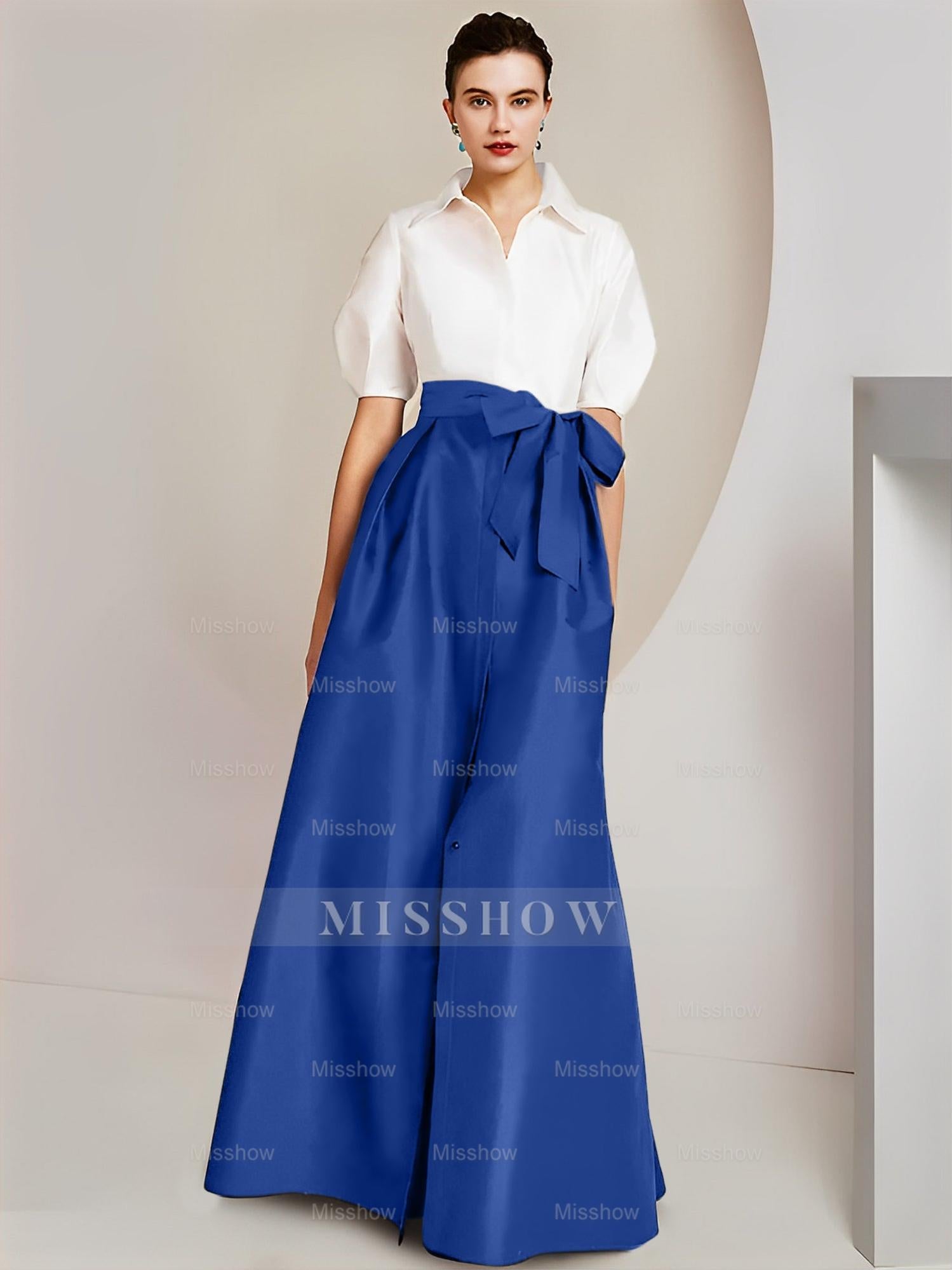 Princess/A-Line Floor-Length 2-Piece Mother of the Bride Dresses with Bowknot and Shirt Collar Short Sleeves