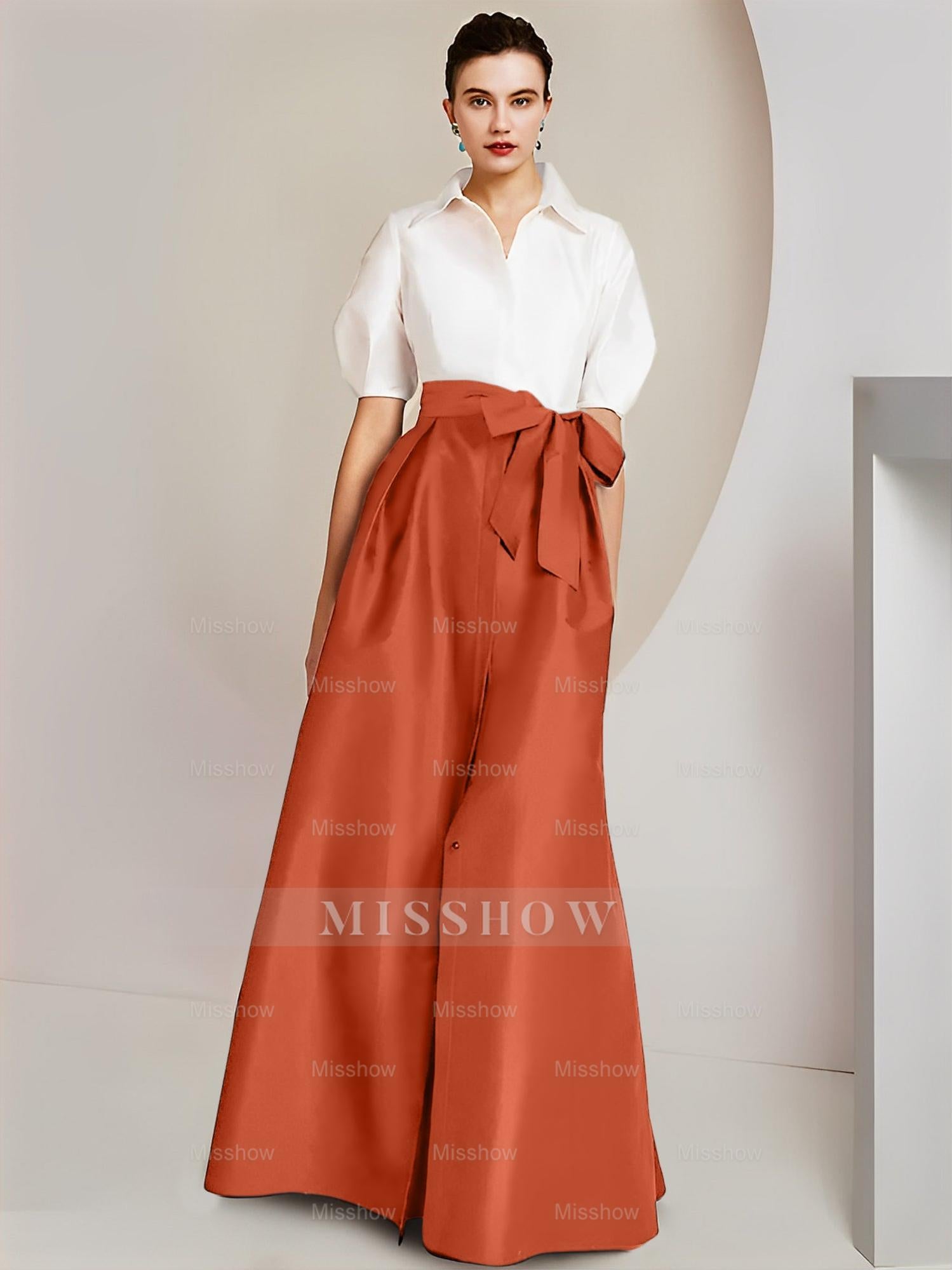 Princess/A-Line Floor-Length 2-Piece Mother of the Bride Dresses with Bowknot and Shirt Collar Short Sleeves