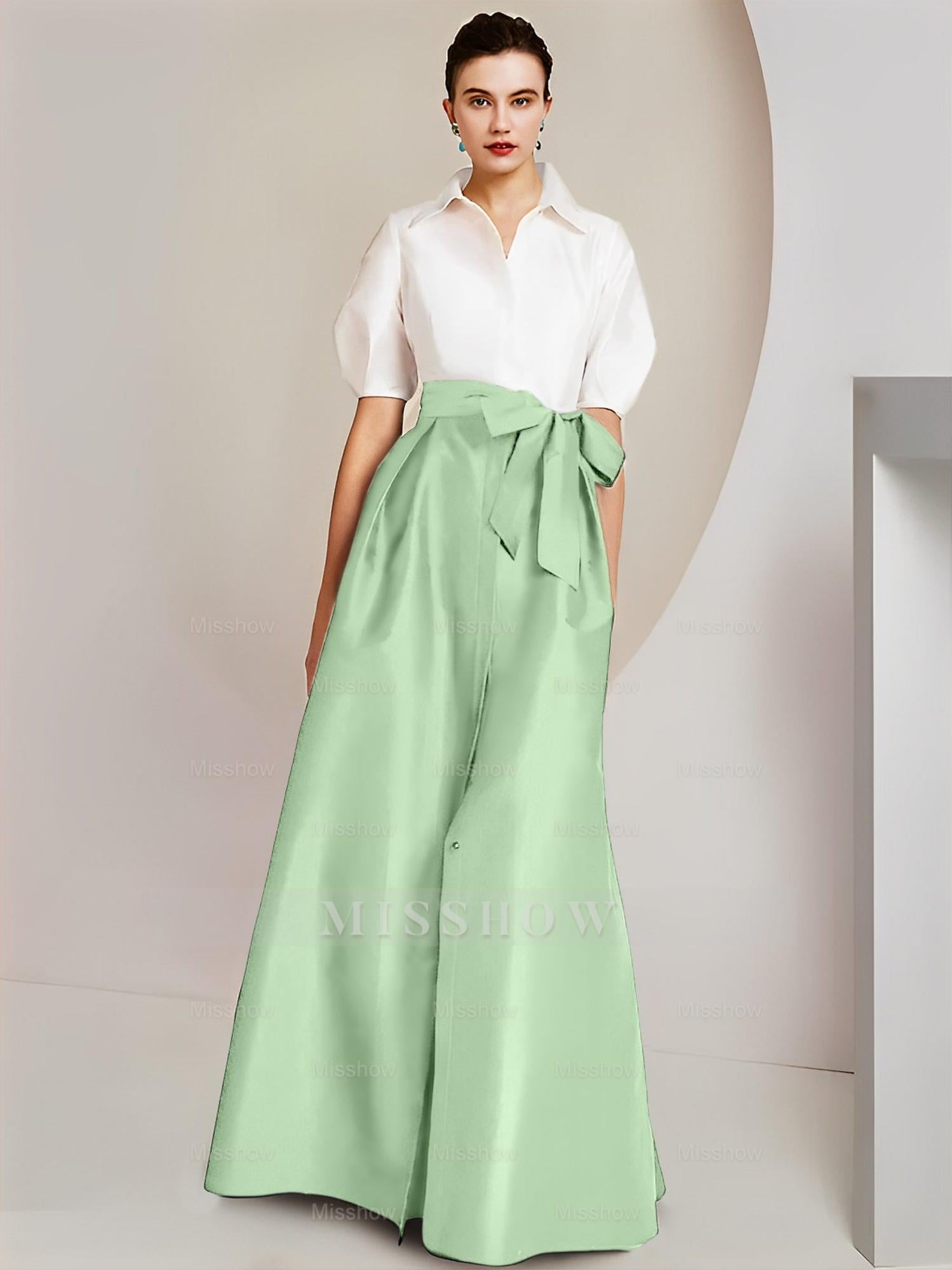 Princess/A-Line Floor-Length 2-Piece Mother of the Bride Dresses with Bowknot and Shirt Collar Short Sleeves
