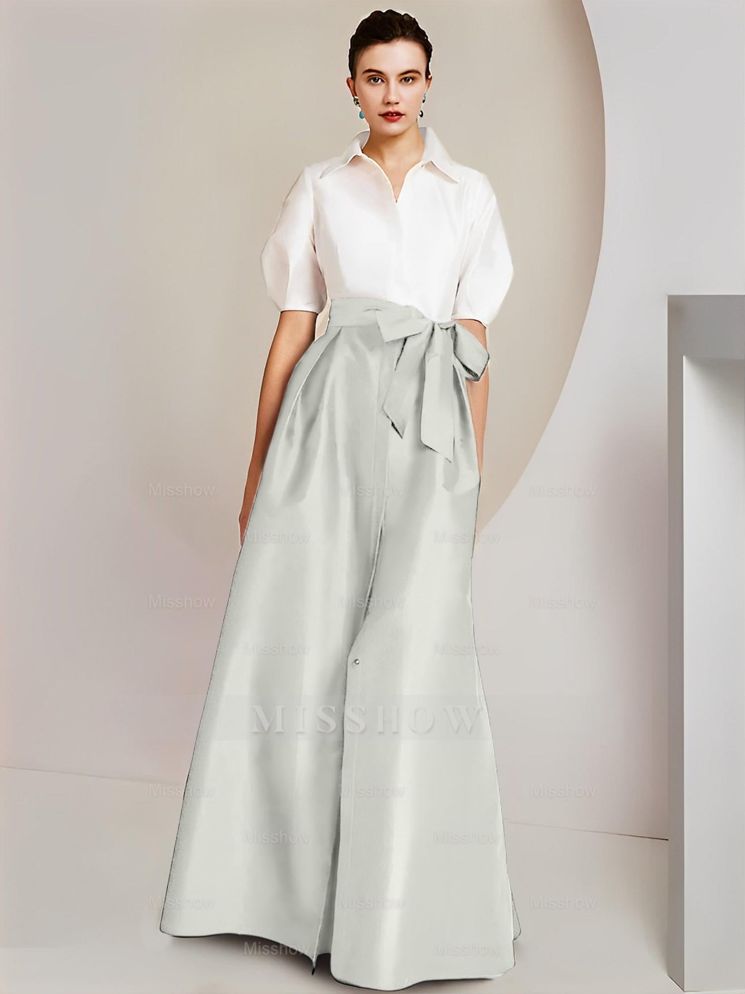 Princess/A-Line Floor-Length 2-Piece Mother of the Bride Dresses with Bowknot and Shirt Collar Short Sleeves