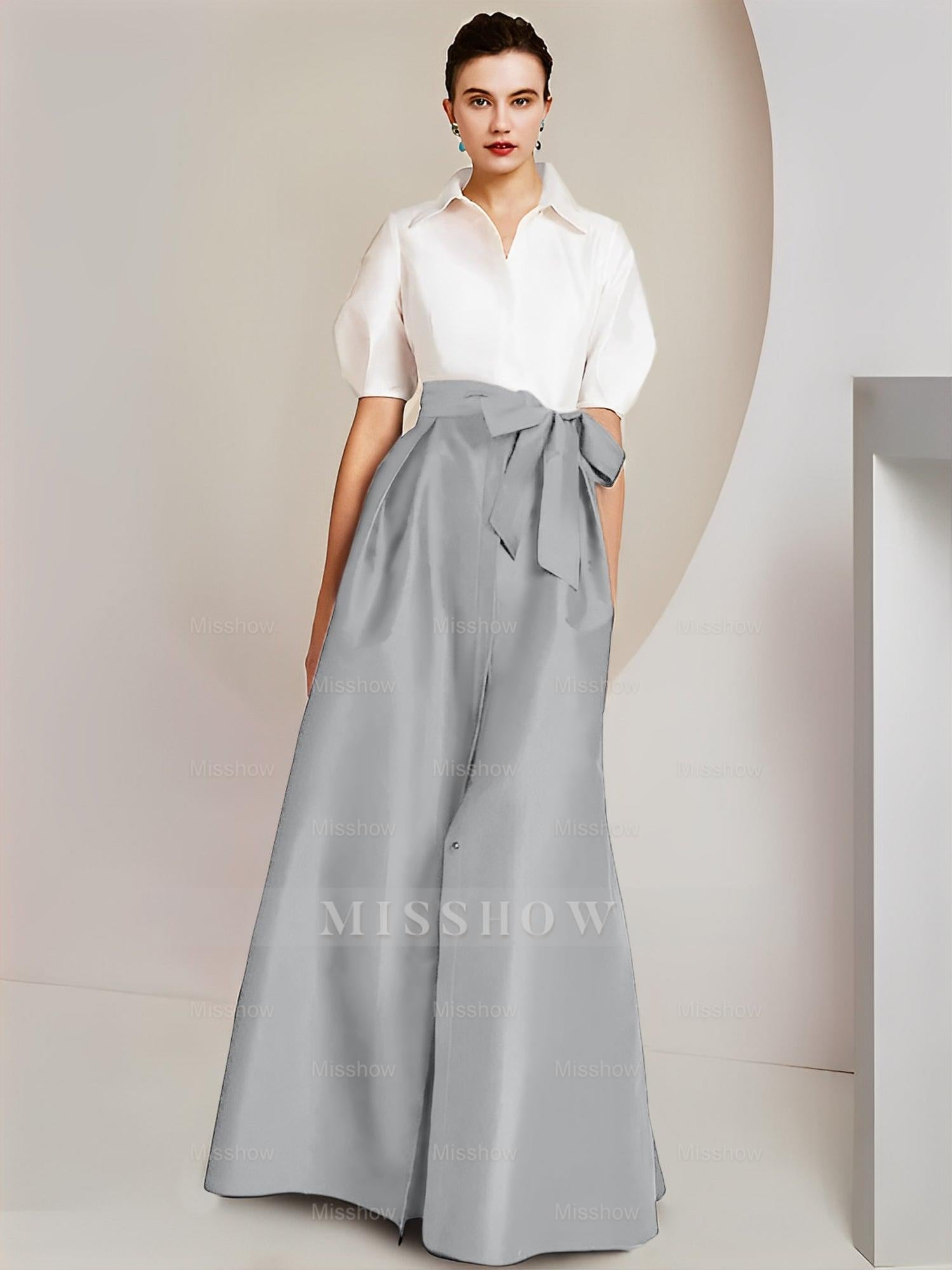 Princess/A-Line Floor-Length 2-Piece Mother of the Bride Dresses with Bowknot and Shirt Collar Short Sleeves