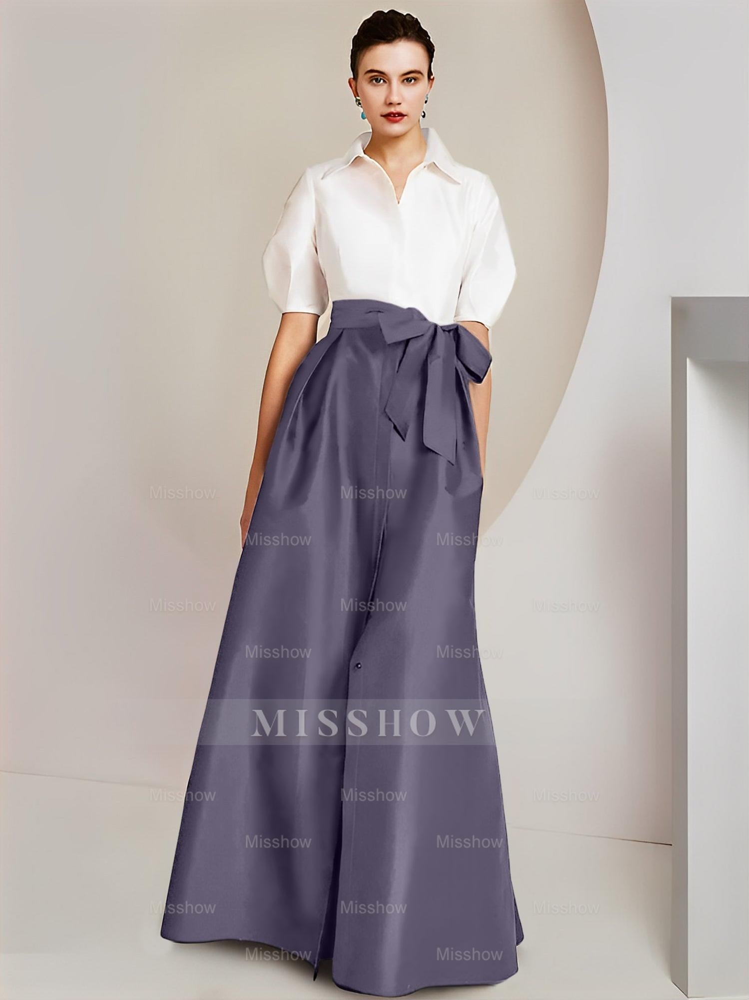 Princess/A-Line Floor-Length 2-Piece Mother of the Bride Dresses with Bowknot and Shirt Collar Short Sleeves