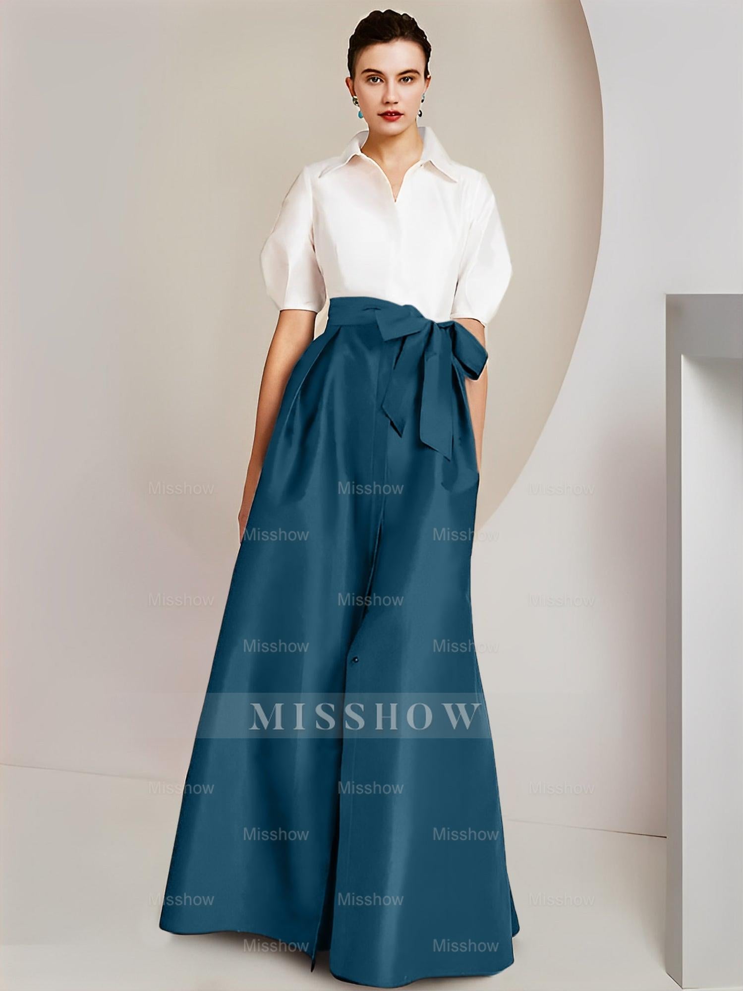 Princess/A-Line Floor-Length 2-Piece Mother of the Bride Dresses with Bowknot and Shirt Collar Short Sleeves