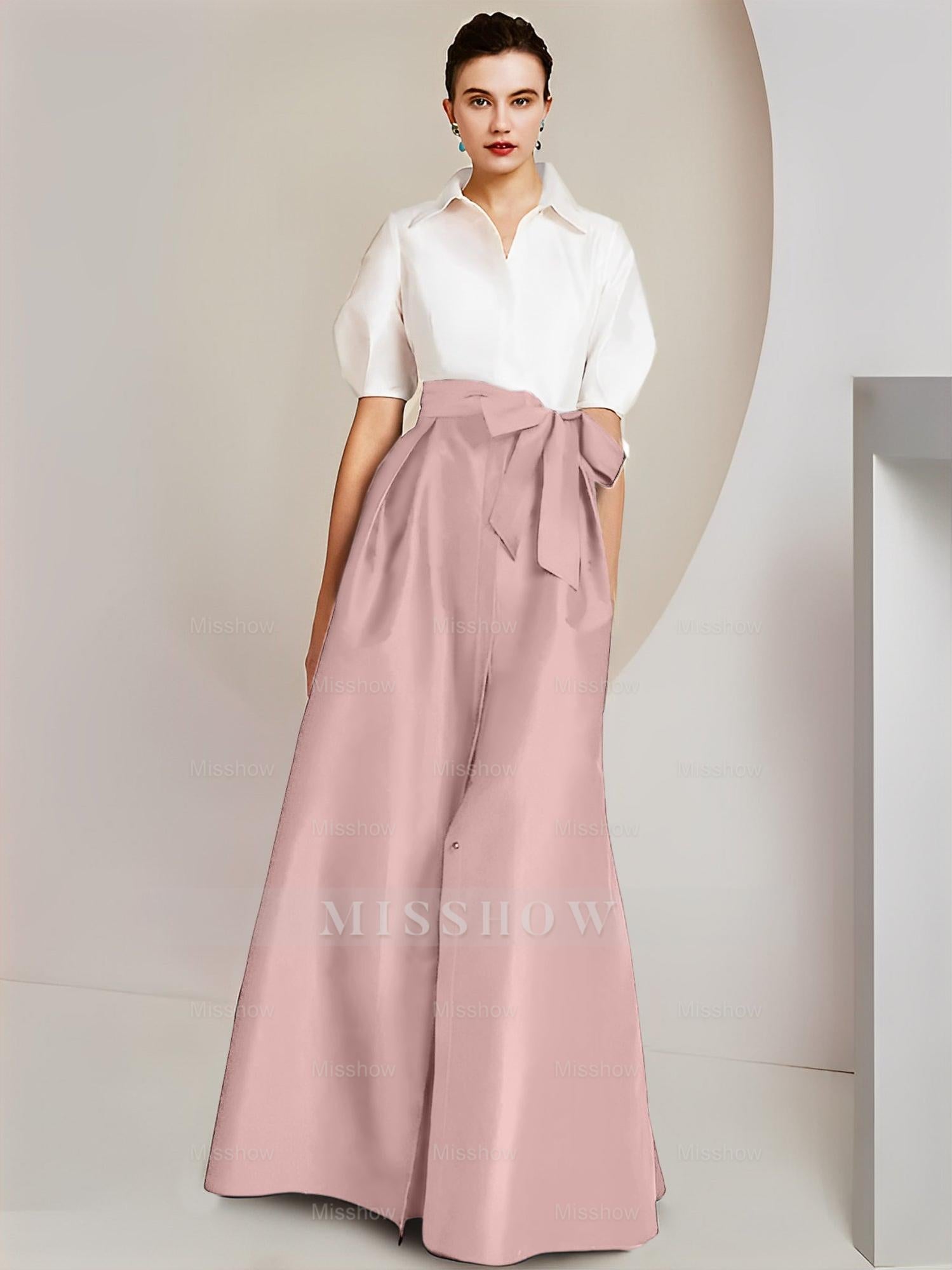 Princess/A-Line Floor-Length 2-Piece Mother of the Bride Dresses with Bowknot and Shirt Collar Short Sleeves