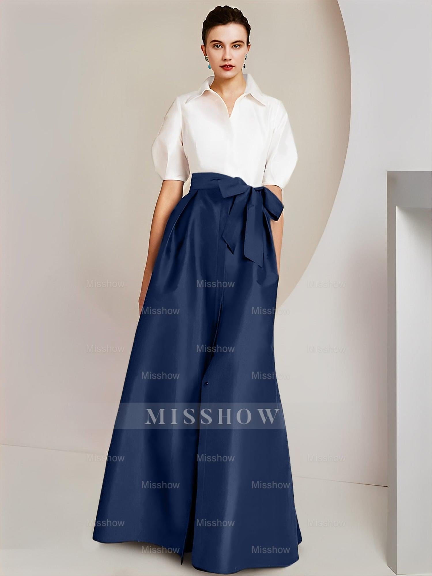 Princess/A-Line Floor-Length 2-Piece Mother of the Bride Dresses with Bowknot and Shirt Collar Short Sleeves