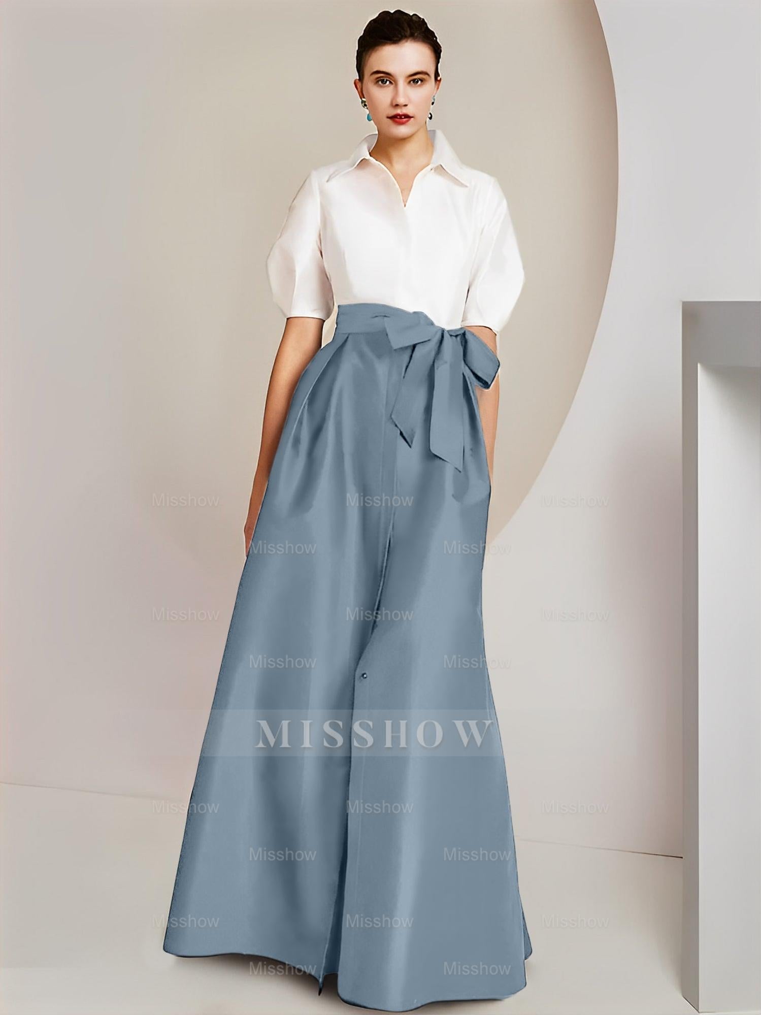 Princess/A-Line Floor-Length 2-Piece Mother of the Bride Dresses with Bowknot and Shirt Collar Short Sleeves
