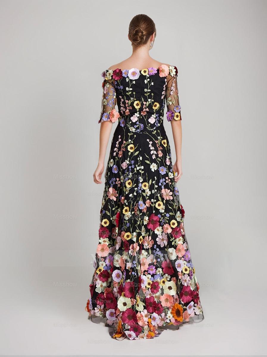 Printed Floral Evening Dresses with Half Sleeves in A-Line/Princess Off-the-Shoulder Style
