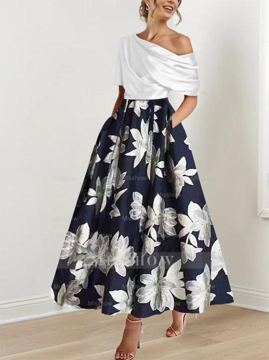 Printed Floral One-Shoulder A-Line Mother of the Bride Gown