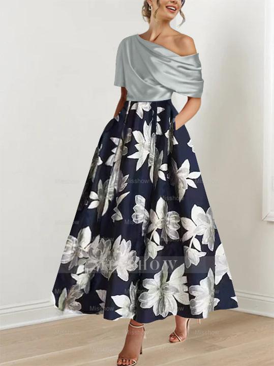 Printed Floral One-Shoulder A-Line Mother of the Bride Gown