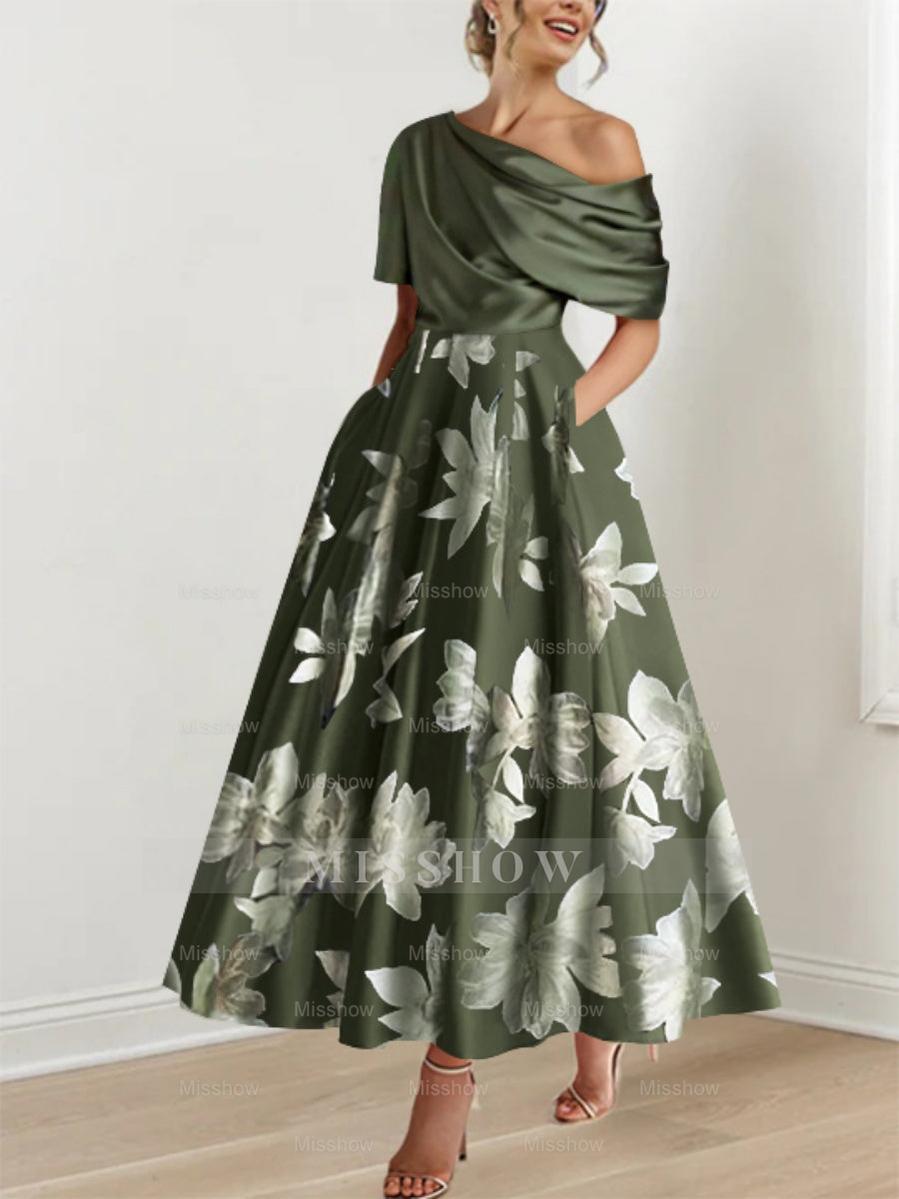 Printed Floral One-Shoulder A-Line Mother of the Bride Gown