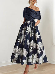Printed Floral One-Shoulder A-Line Mother of the Bride Gown