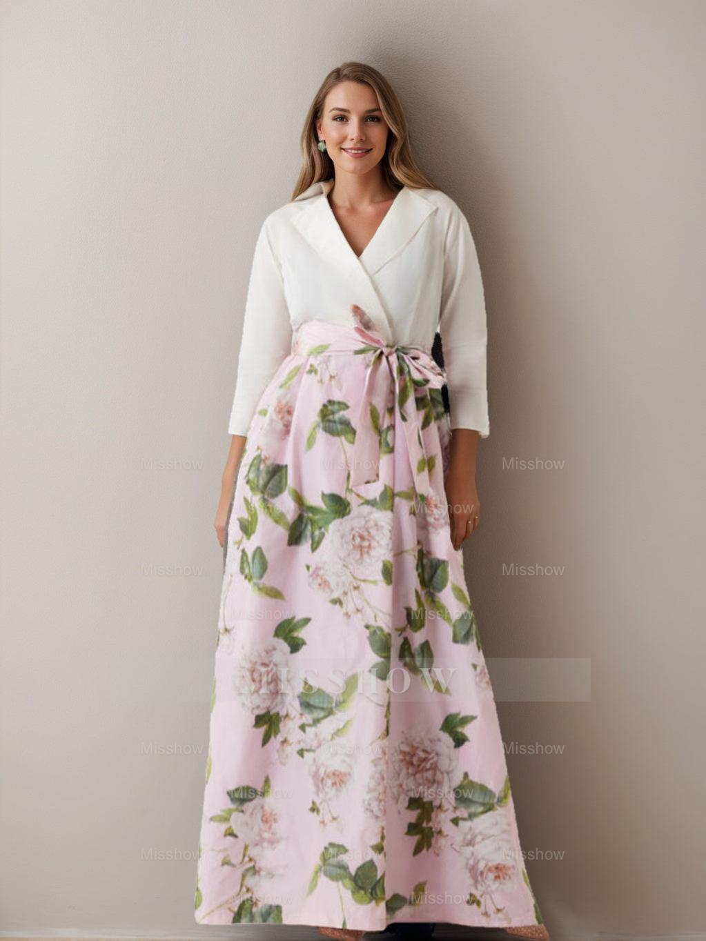 Printed Floral Plus Size Mother of the Bride A-Line Dress with V-Neck 3/4 Sleeves and Bow Belt