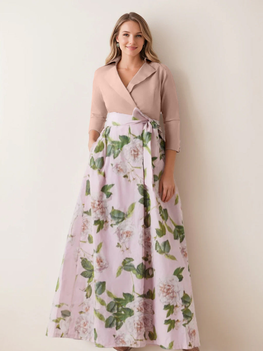 Printed Floral Plus Size Mother of the Bride A-Line Dress with V-Neck 3/4 Sleeves and Bow Belt