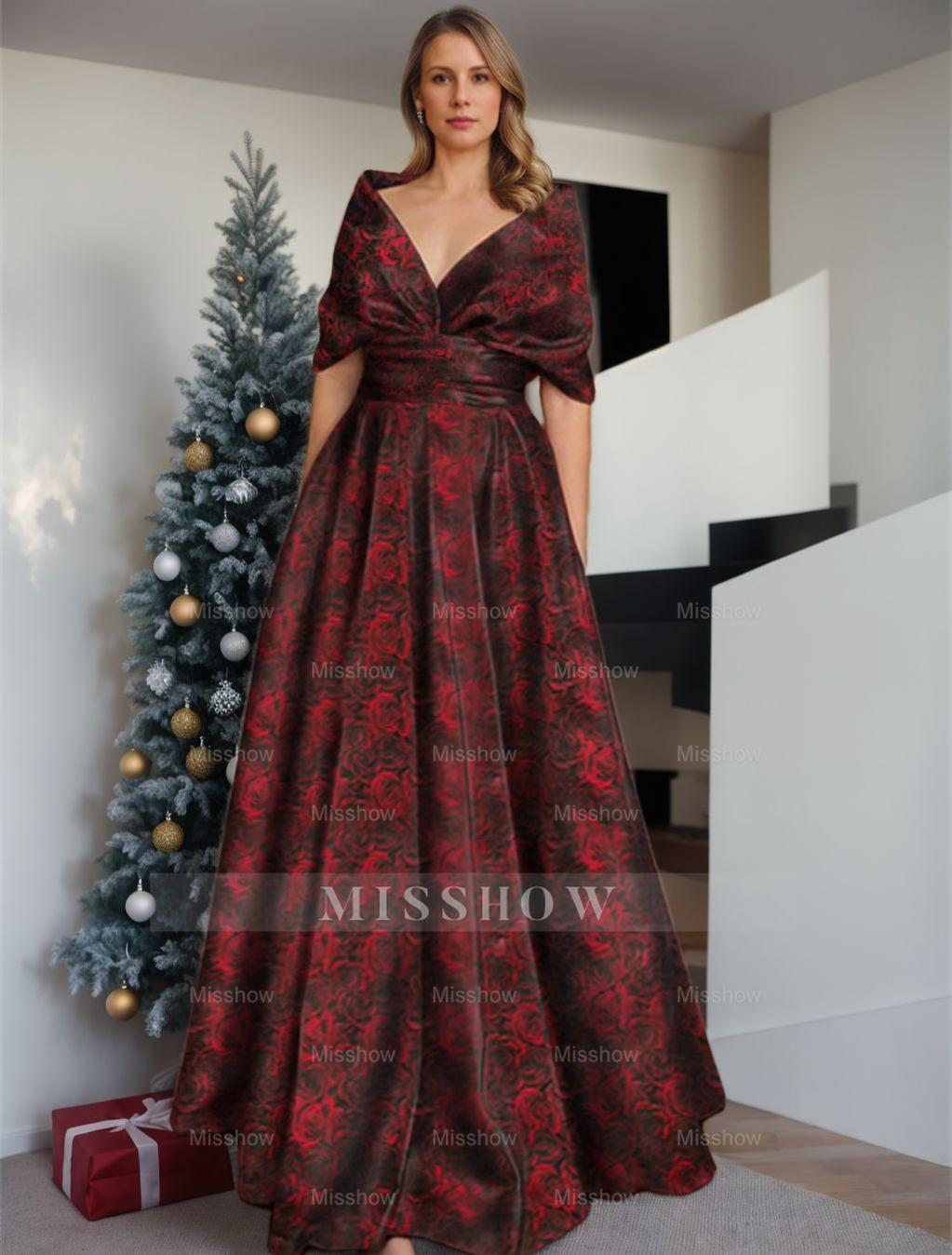 Printed Floral V-Neck A-Line Floor-Length Dress for Mother of the Bride & Groom