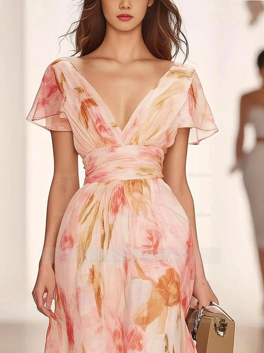 Printed Floral V-Neck A-Line Mother of the Bride Dress with Ruffles and Short Sleeves