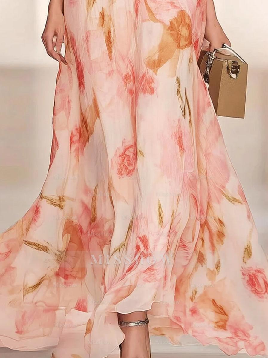 Printed Floral V-Neck A-Line Mother of the Bride Dress with Ruffles and Short Sleeves